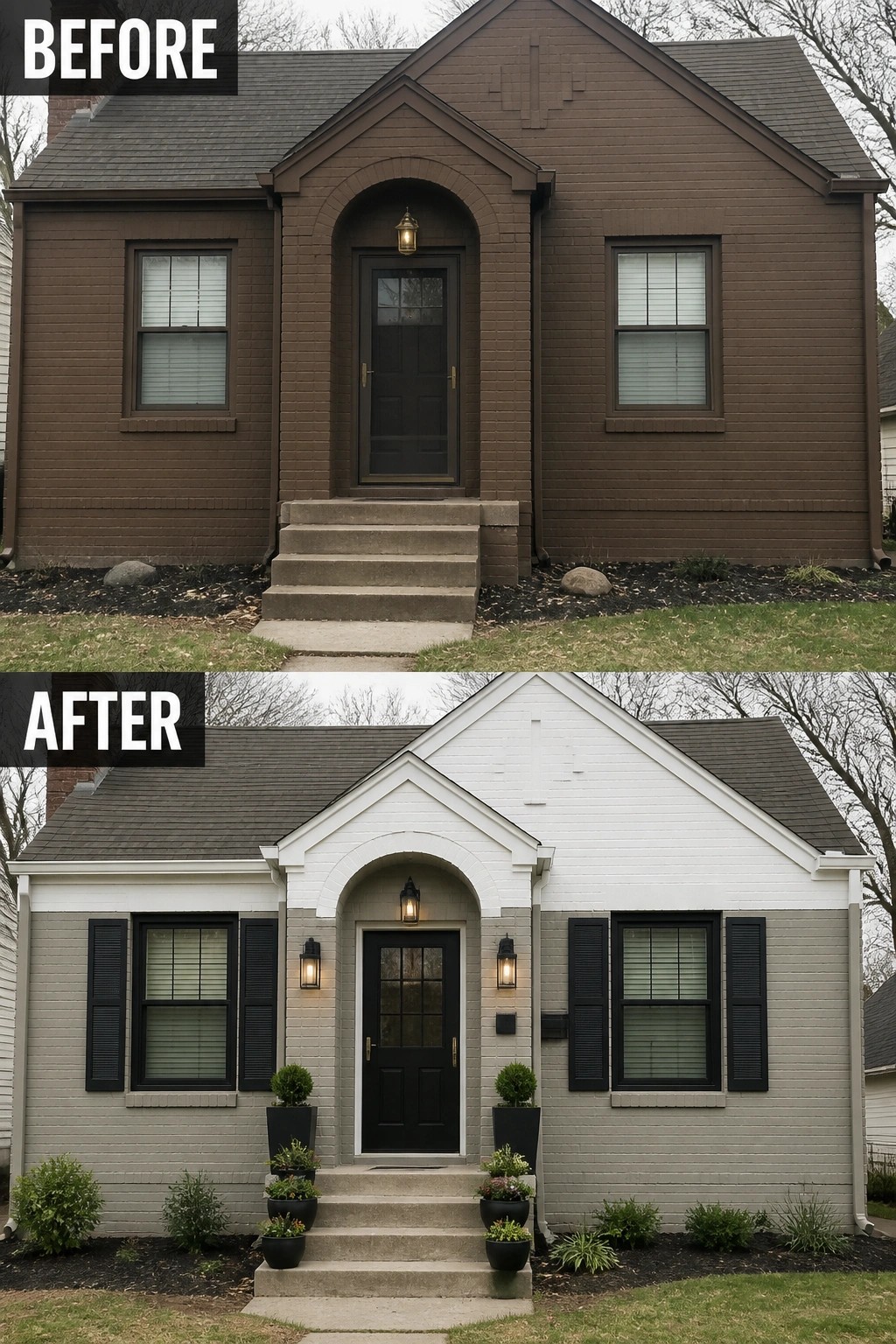 Before and after house exterior with new white-gray paint, black shutters, and landscaping.