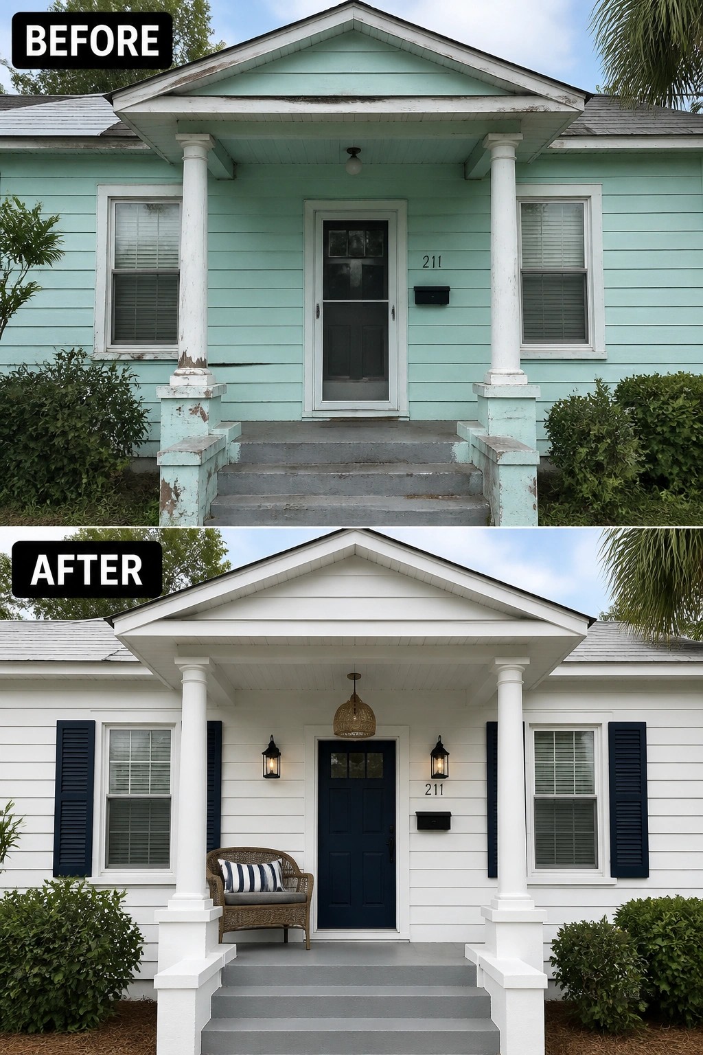 Before-and-after image of a house exterior changed from mint green paint to white with dark blue shutters, a dark door, added porch lighting, and simple seating.