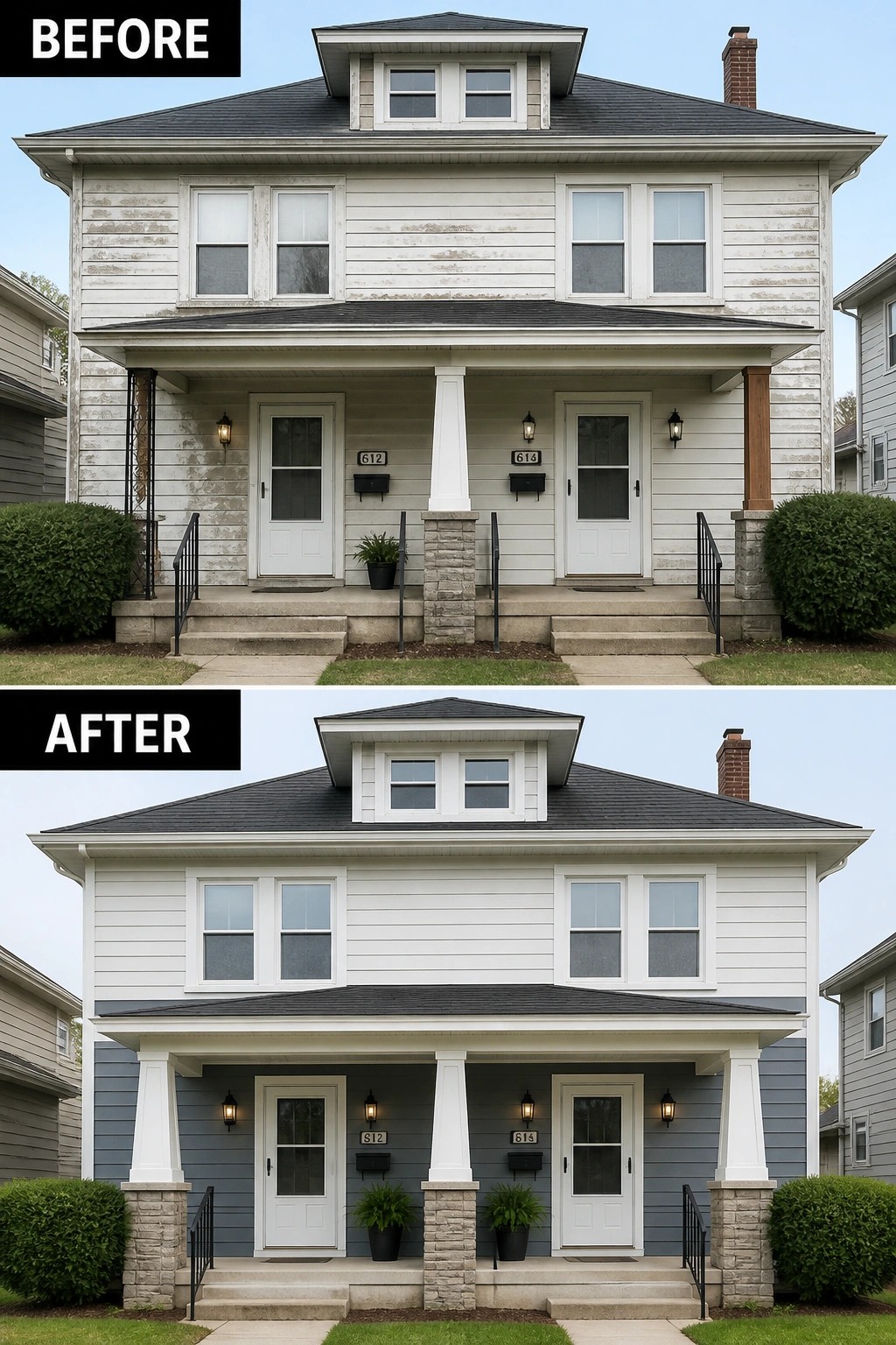 Before and after of a two-story house repainted blue-gray with new porch columns.