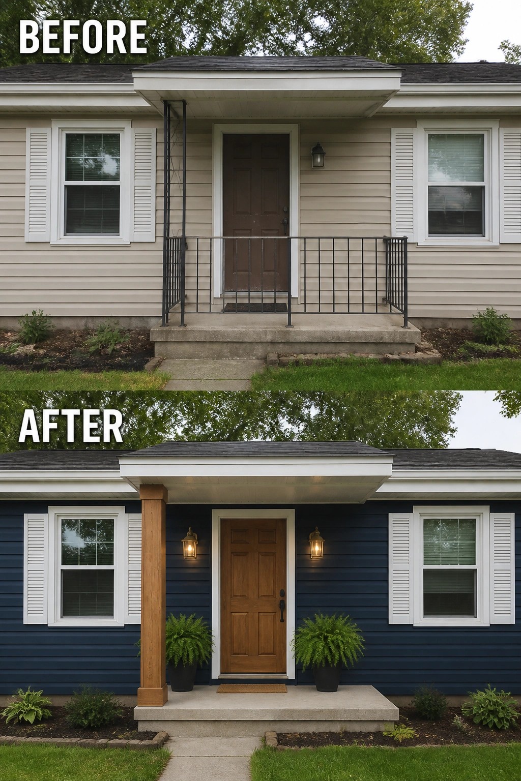 Before-and-after image of a house exterior with beige siding changed to navy blue, a wooden porch post added, and warm sconces plus potted plants placed by the front door.