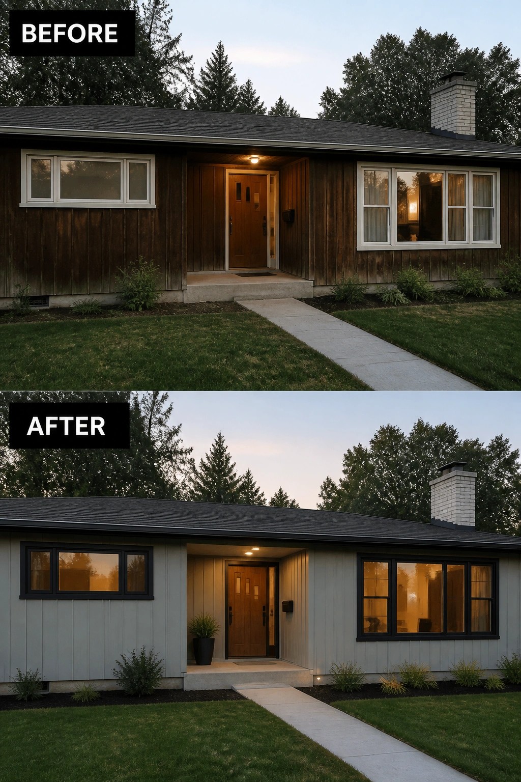 Before and after views of a house with new siding and black-framed windows.