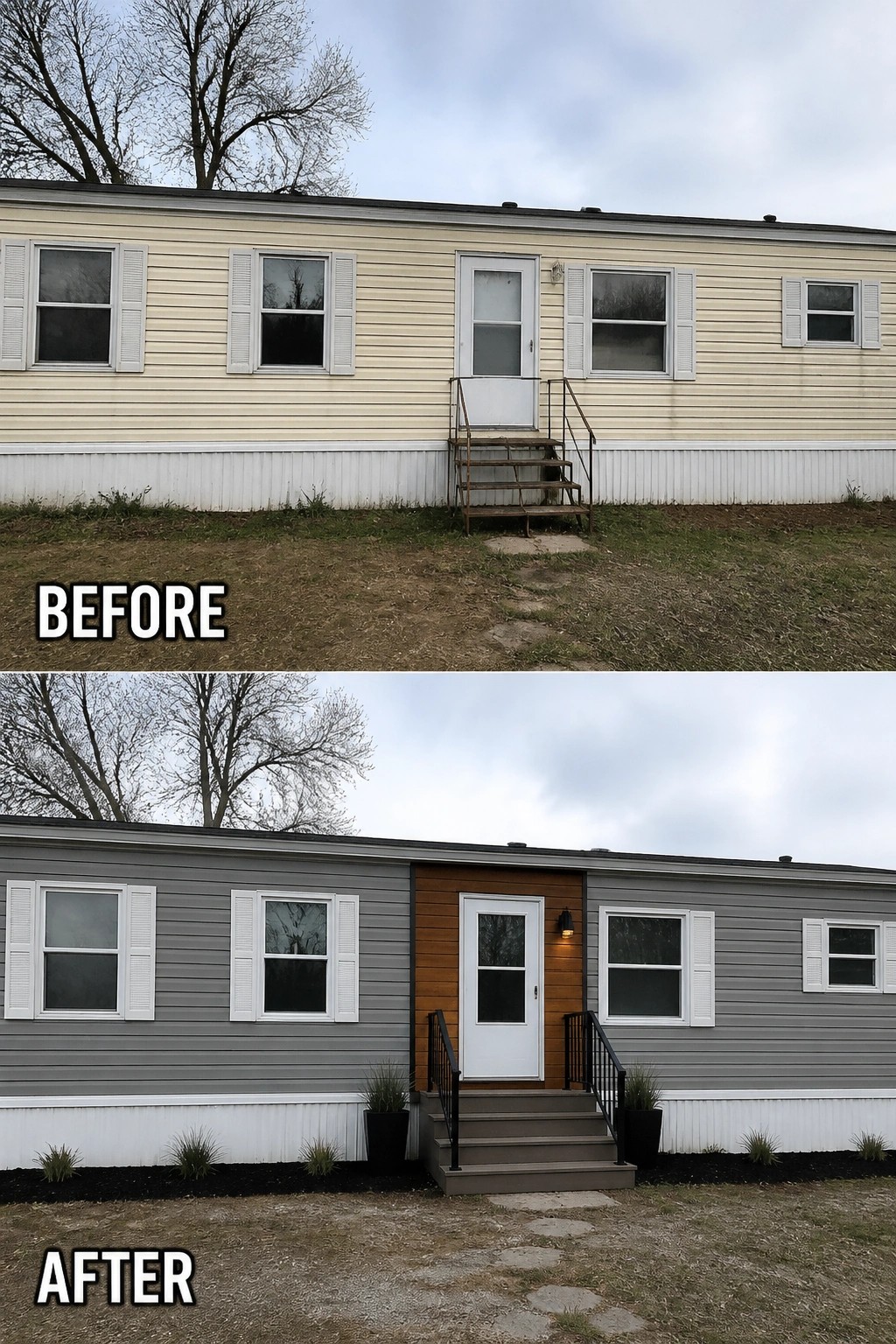 Before-and-after image of a manufactured home exterior updated with gray siding, a wood door surround, black railings, and new steps.