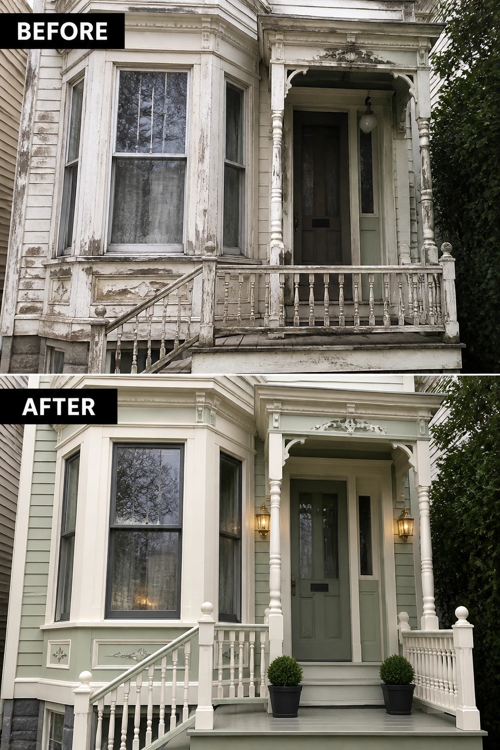 Before-and-after image of a house exterior refreshed with new paint, a green front door, added porch lighting, and two planters.