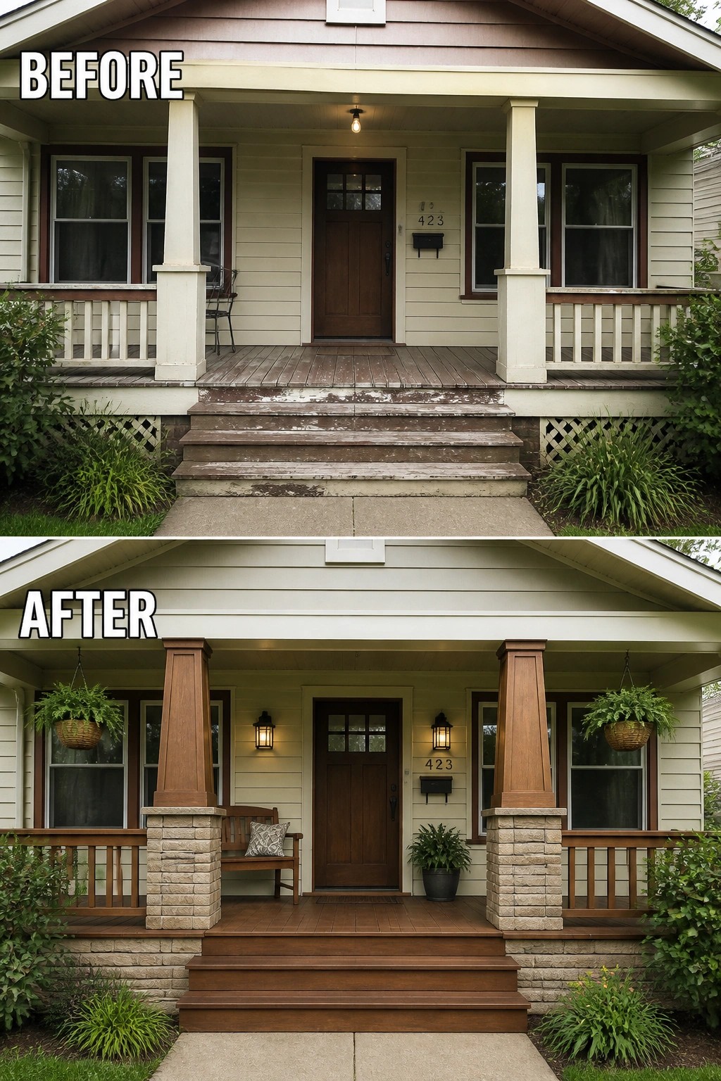 Before-and-after image of a front porch with updated columns on stone bases, new decking, added wall lights, and simple seating.