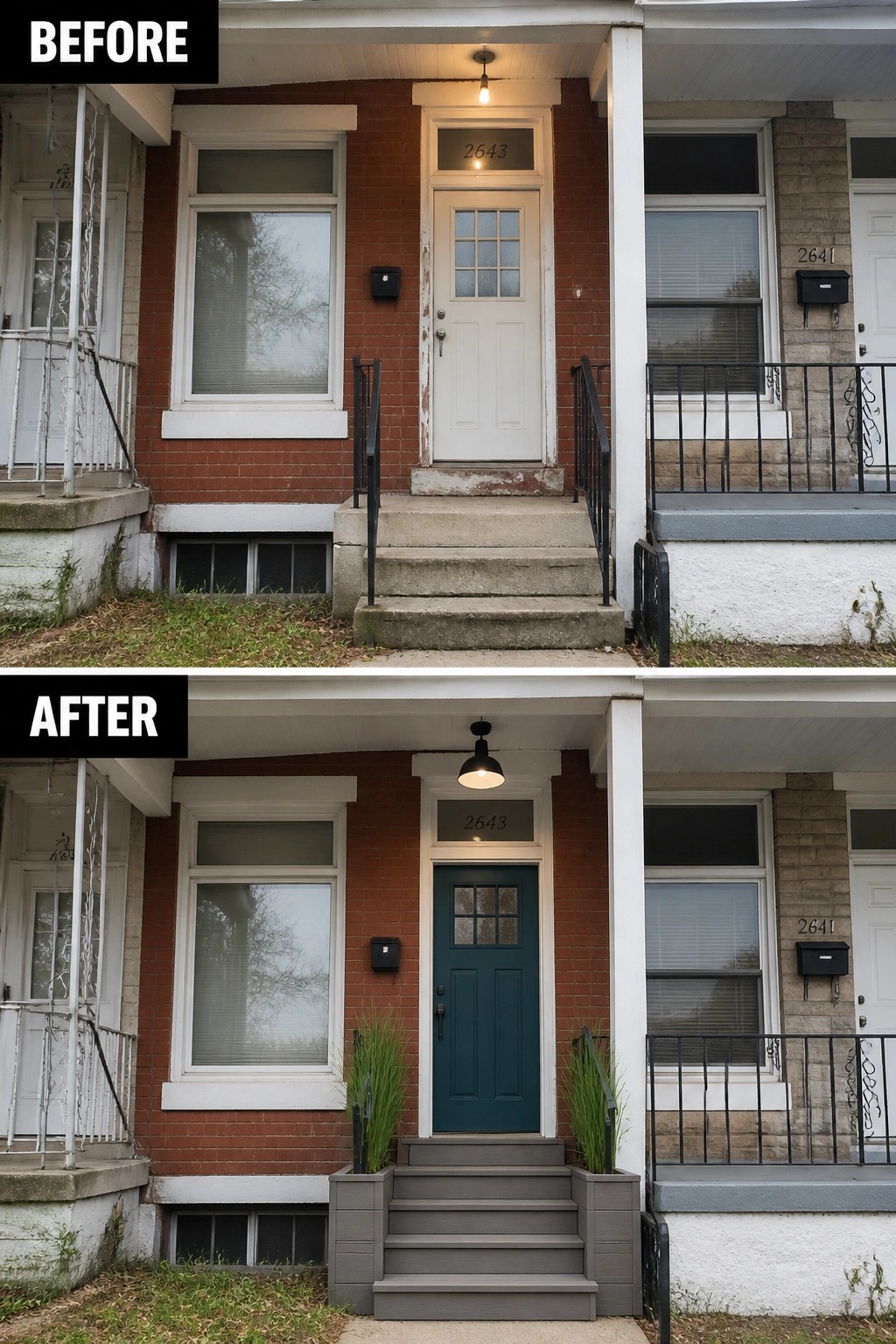 Before-and-after image of a brick house front entry with a white door changed to teal, concrete steps painted gray, new pendant light, and added planters.
