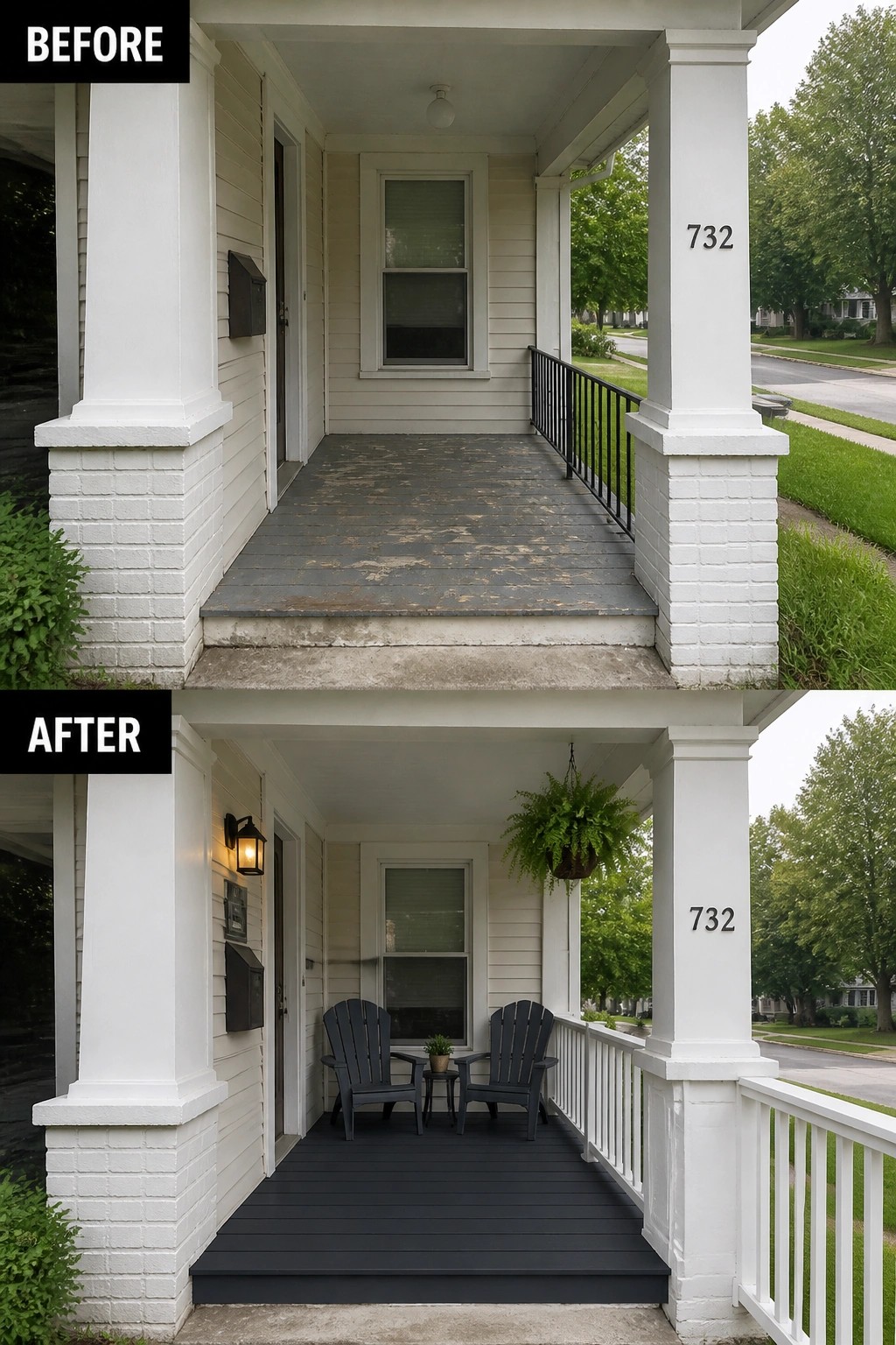 Before-and-after image of a worn front porch updated with a dark deck finish, two chairs, a small table, a hanging plant, and new white railing.