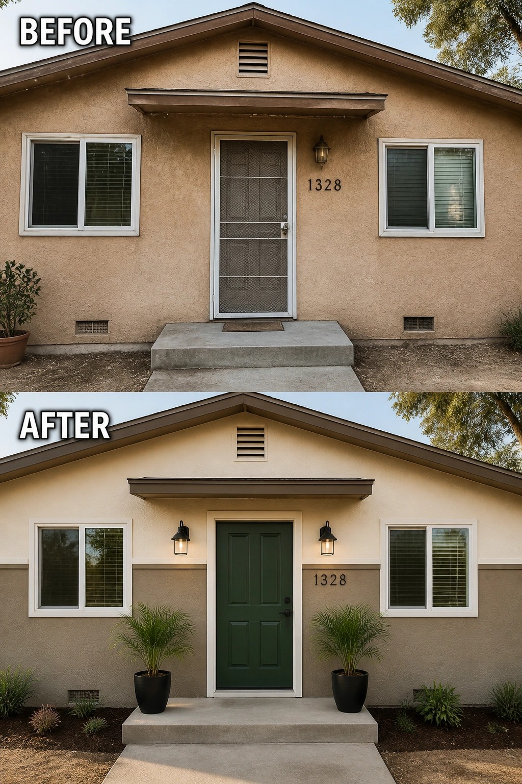 Before and after house exterior with new green door, lights, and potted plants.