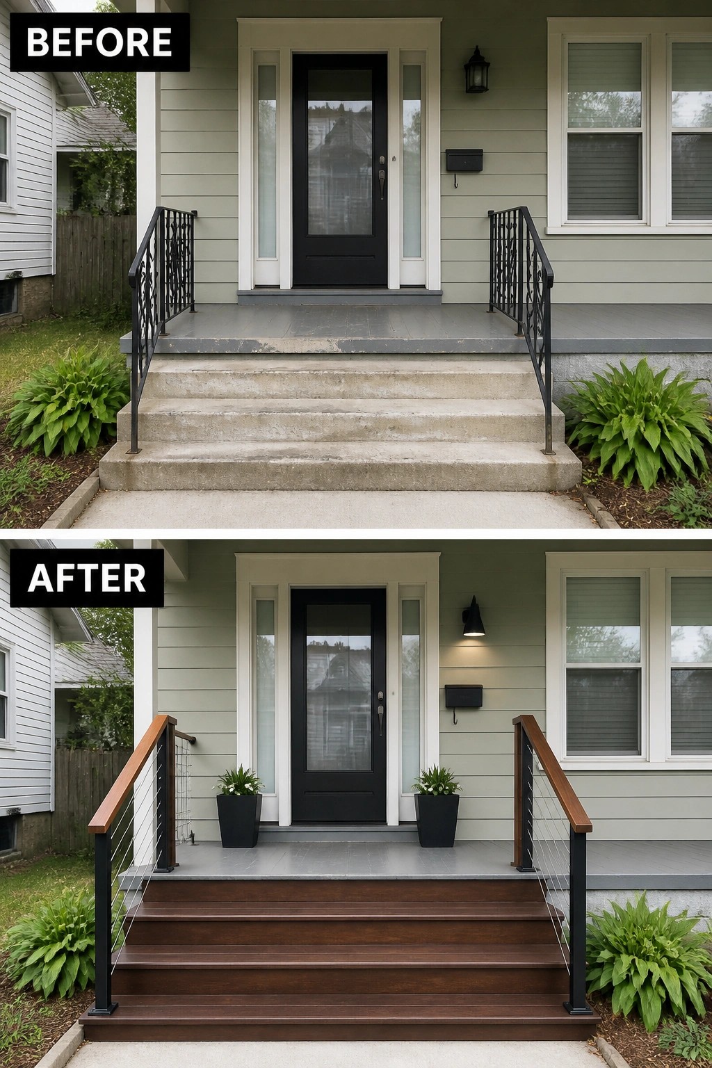 Before and after porch renovation with new wooden steps, railings and planters.