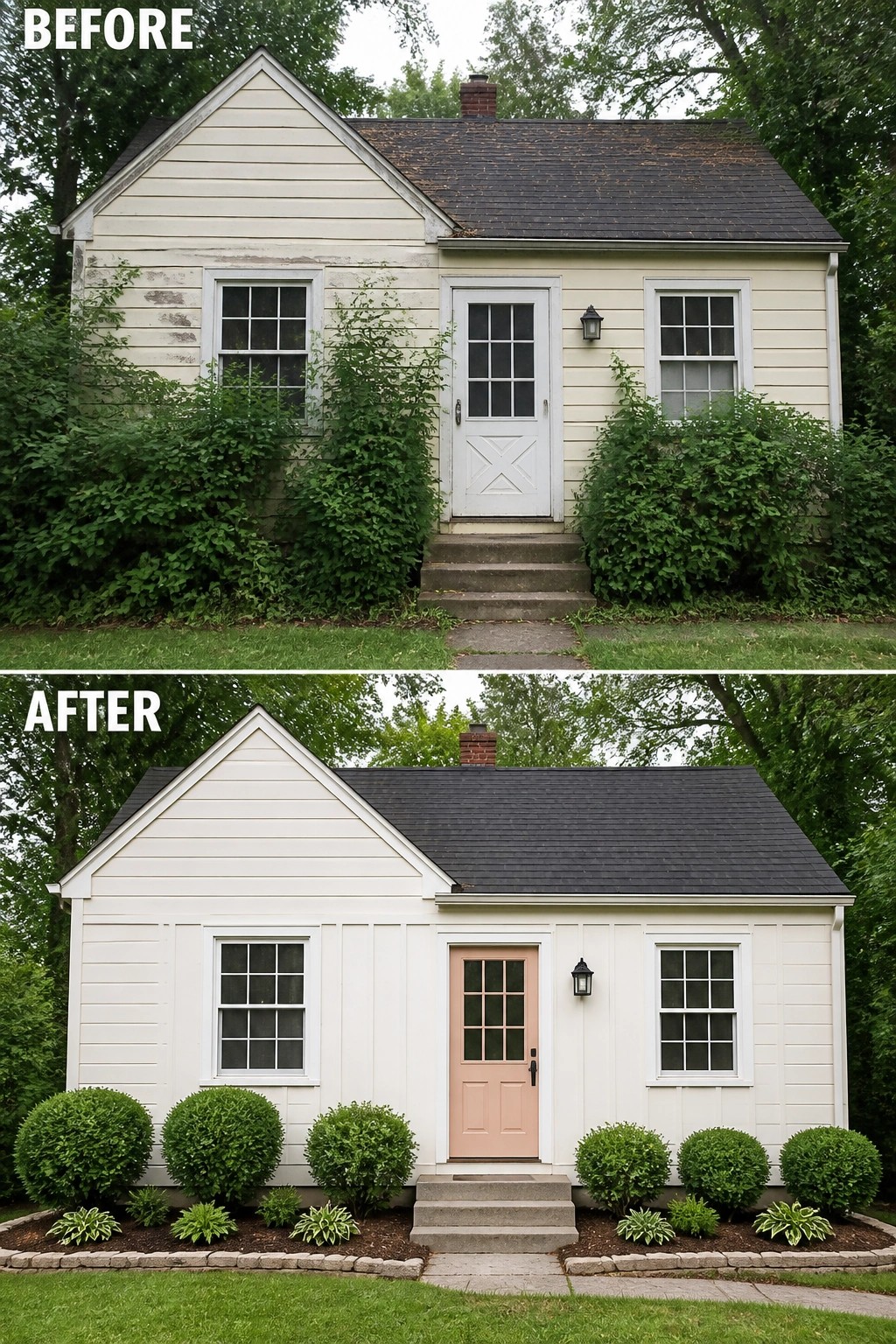 Before-and-after image of a house exterior showing an overgrown front with a white door changed to a fresh look with a peach door and neatly trimmed shrubs in defined beds.