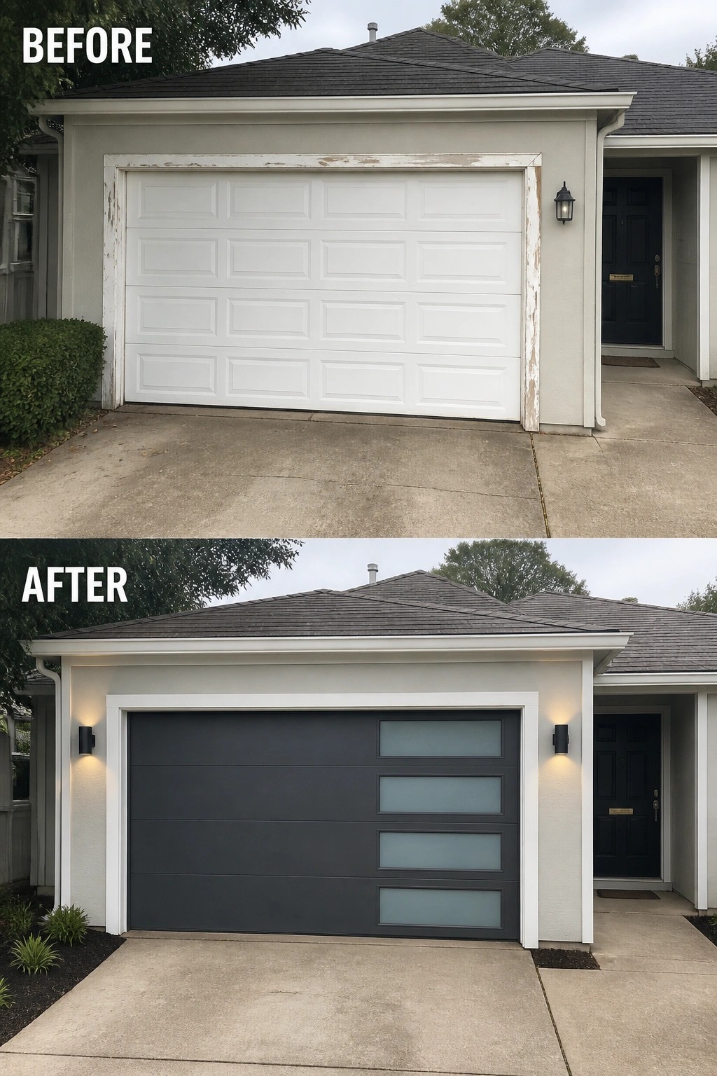 Before and after of beige house with white garage door replaced by modern dark gray.