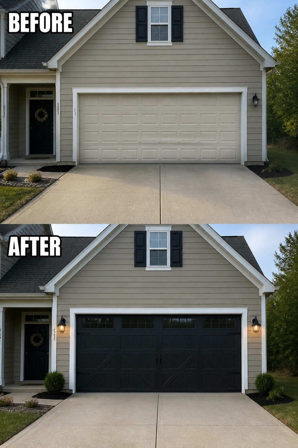 Before and after house with beige garage door replaced by black modern one.
