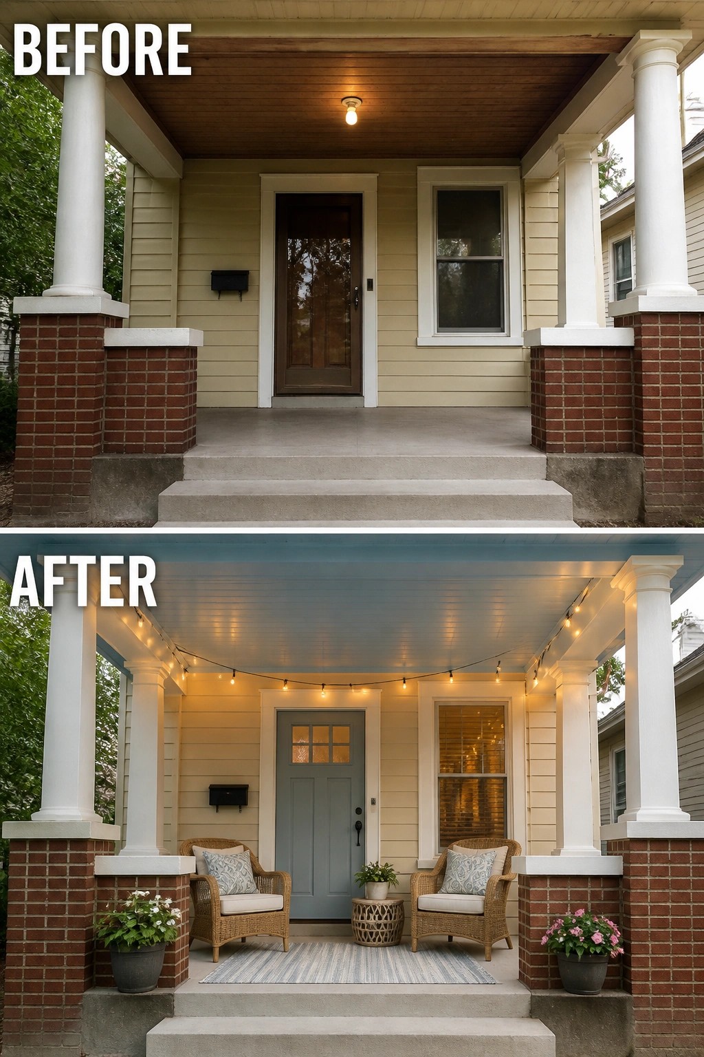 House porch before and after renovation with string lights, chairs, rug, and plants.
