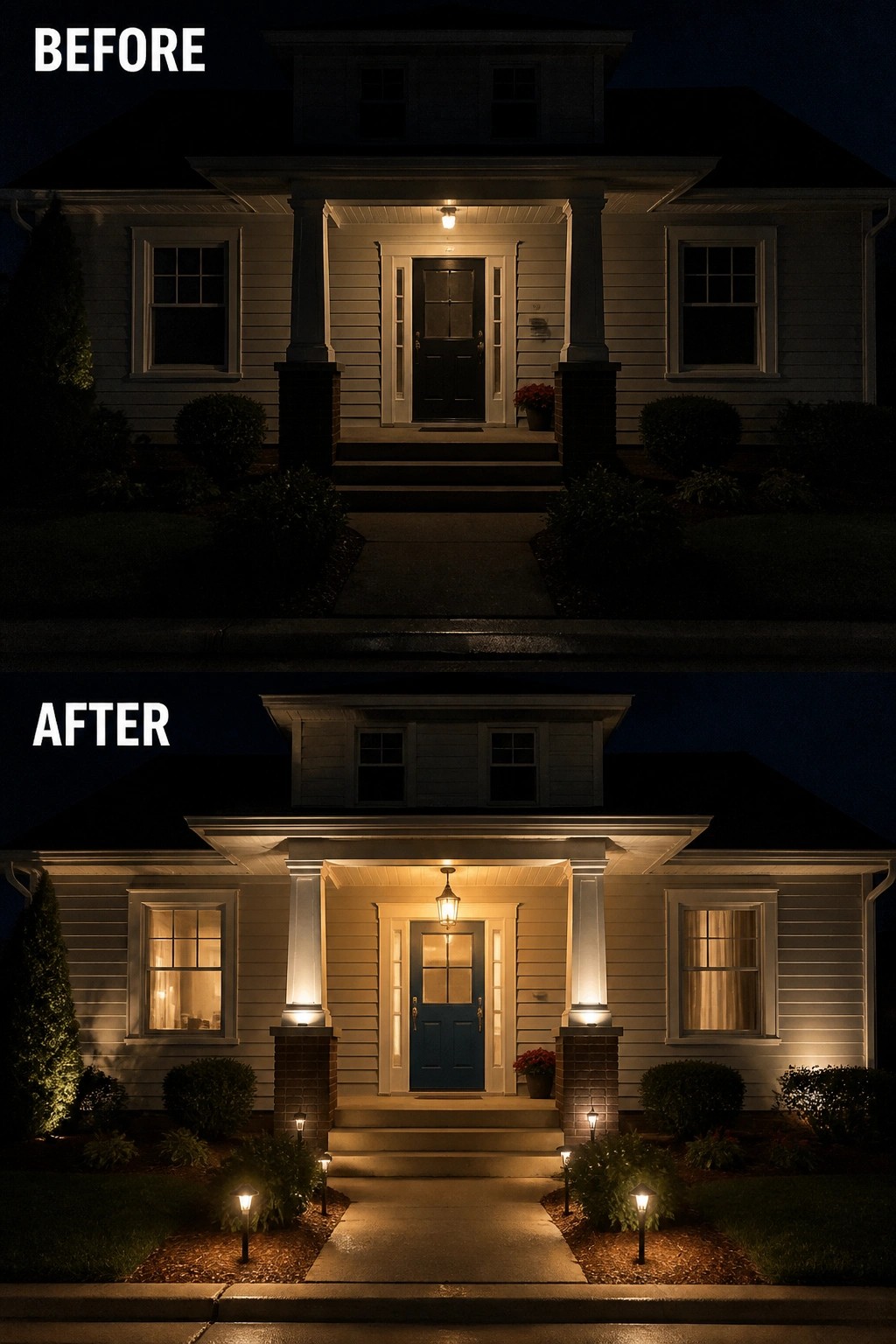 Before and after of house exterior with added pathway and porch lighting at night