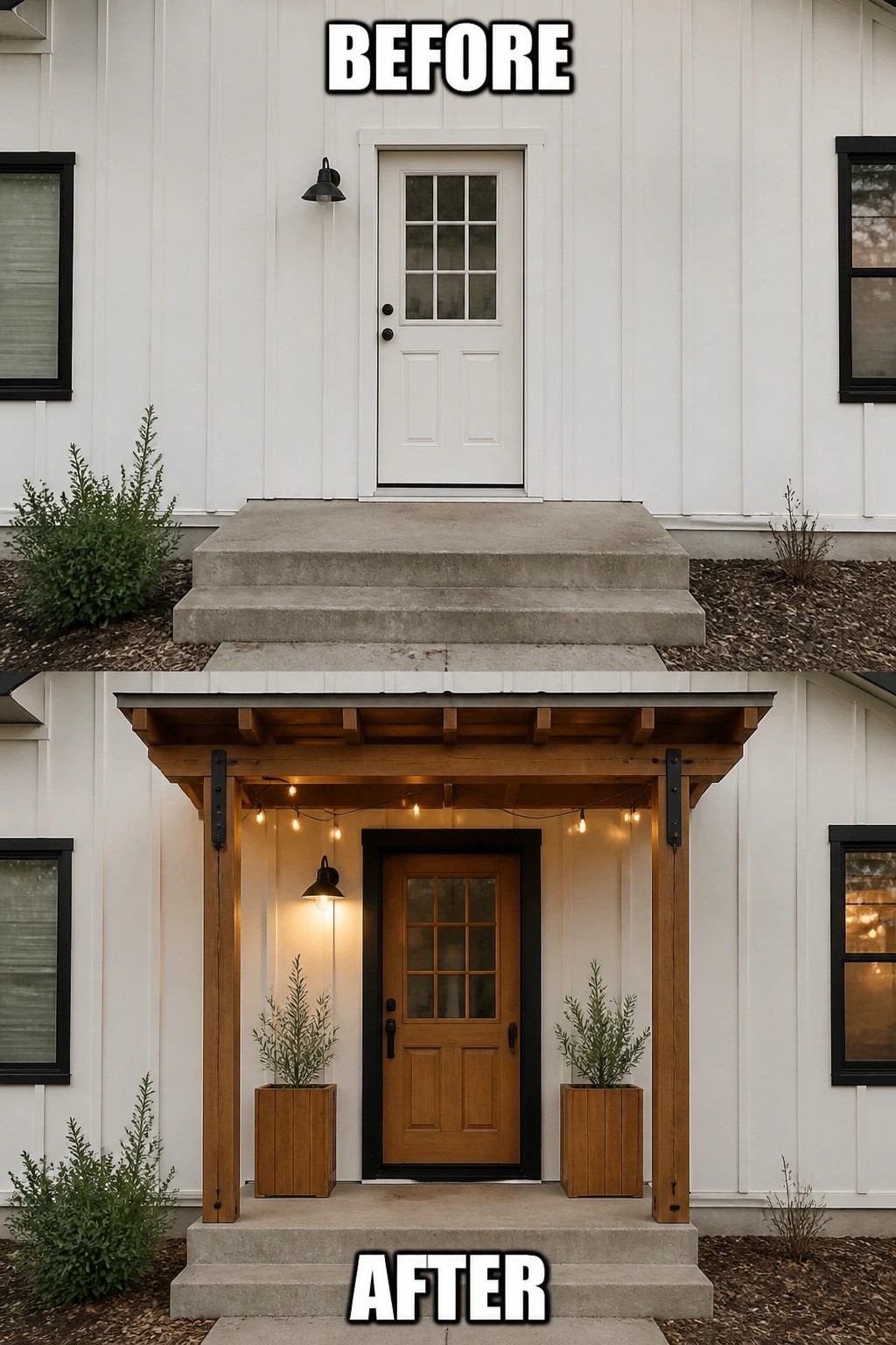 Before-and-after image of a plain house entrance updated with a wooden covered porch, new door, string lights, and planters.