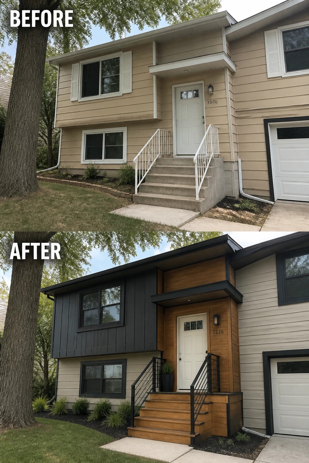 Before and after home exterior renovation with new dark siding and wooden porch.