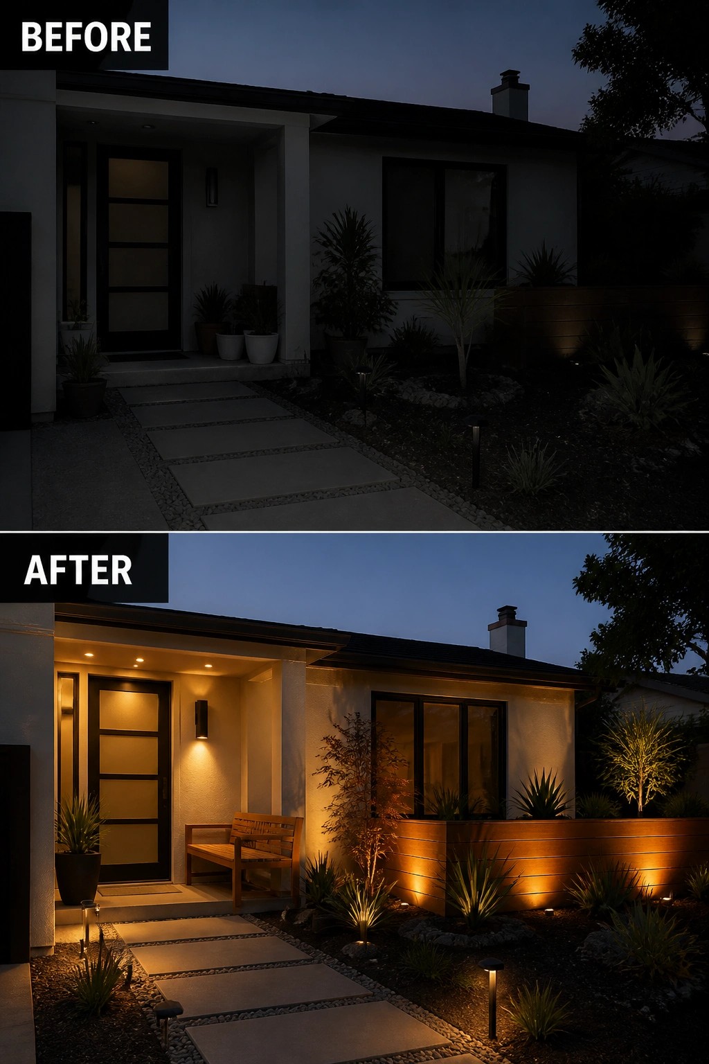 Before and after house exterior with upgraded warm landscape lighting at dusk.
