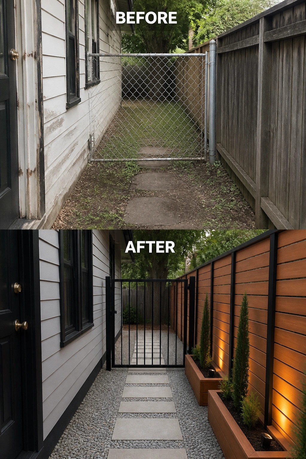 Before and after side yard renovation with modern fence, gate and path