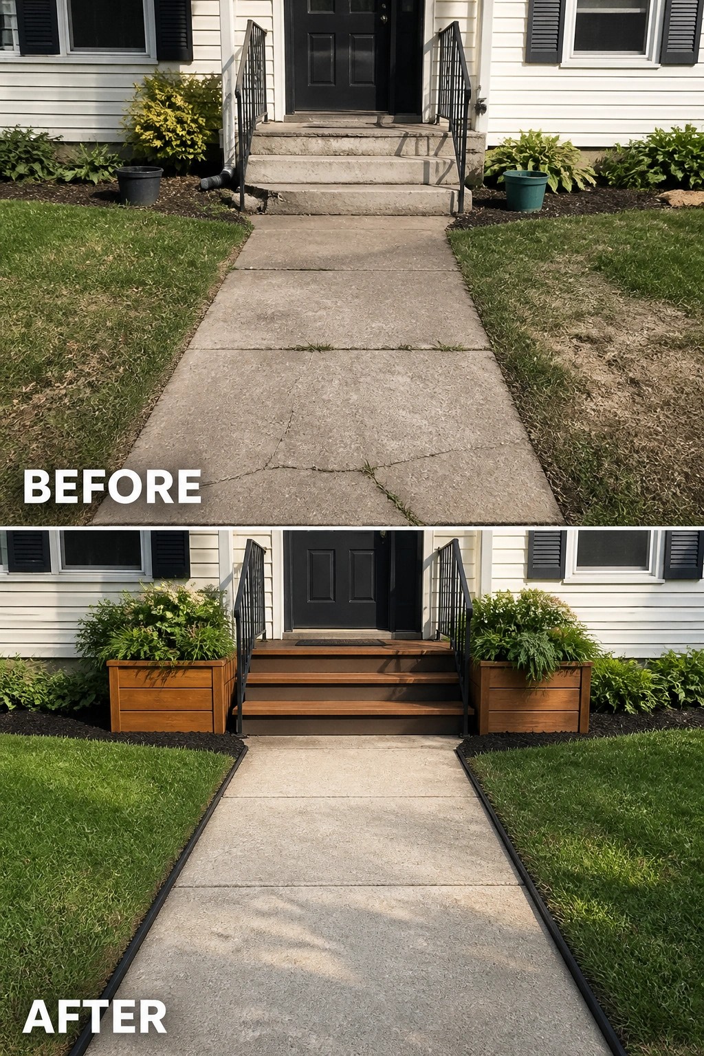 Before and after of house entrance with wooden stairs and planters added.