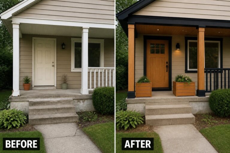 23 Stylish Home Exterior Refresh Ideas With Black Trim and Warm Wood Accents Before and after house porch renovation with wooden columns, door, and planters.