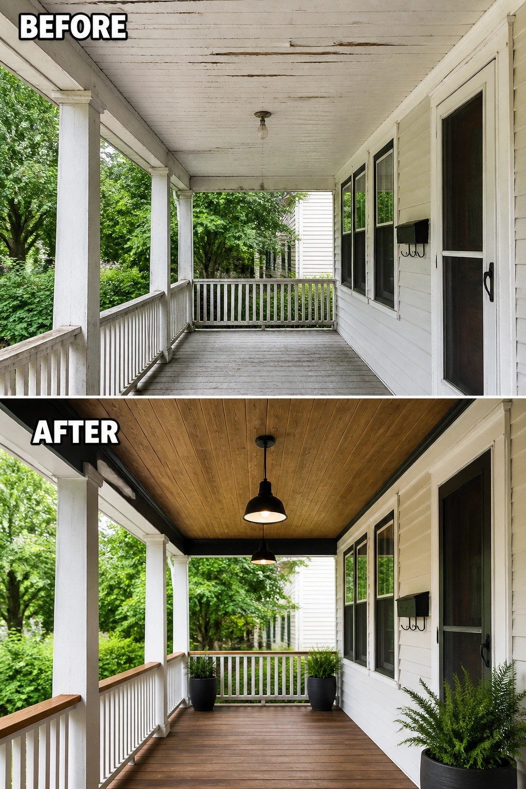 Before and after porch renovation with white and wooden ceilings, floors, and lighting
