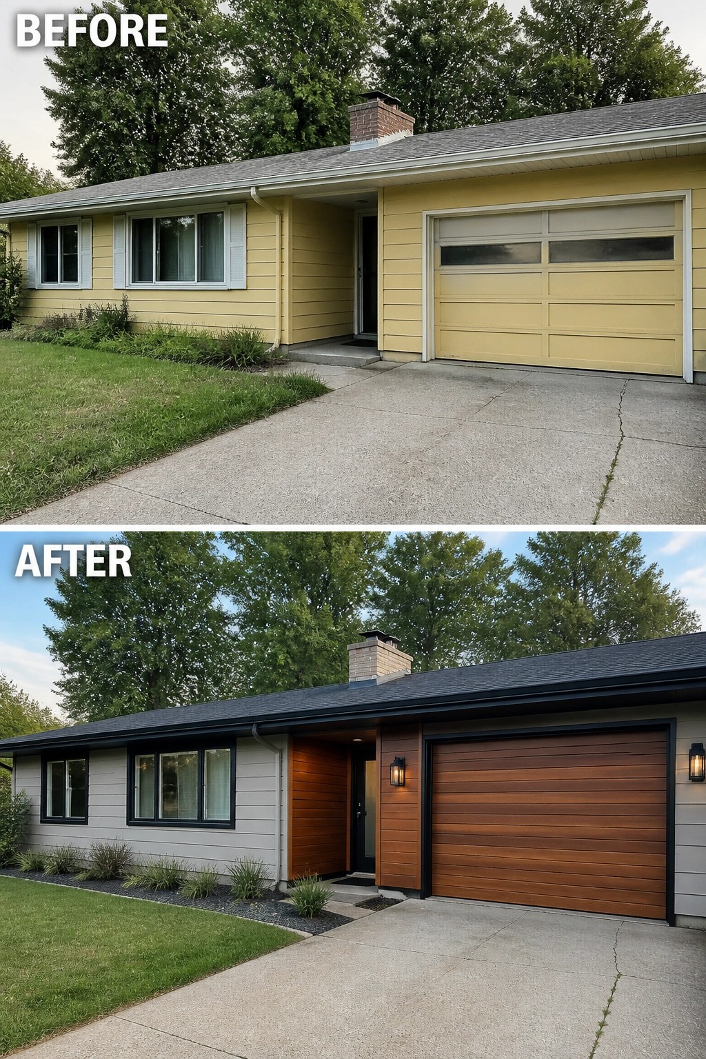 Before-and-after image of a yellow house exterior updated with black trim, wood accents around the entry and garage, and a modern garage door.