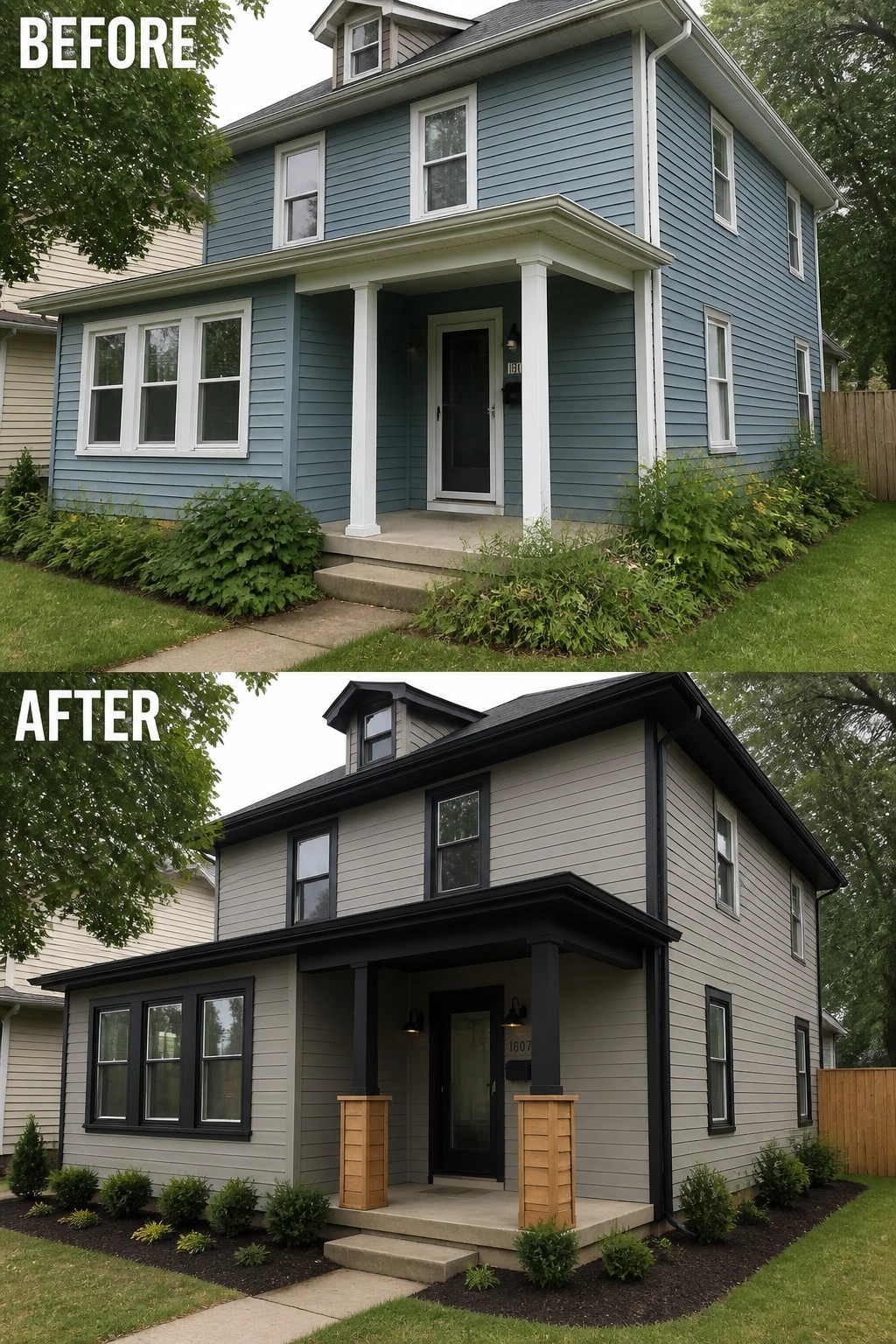Before-and-after image of a house exterior updated with new gray paint, black trim, and wood accents on the porch columns.