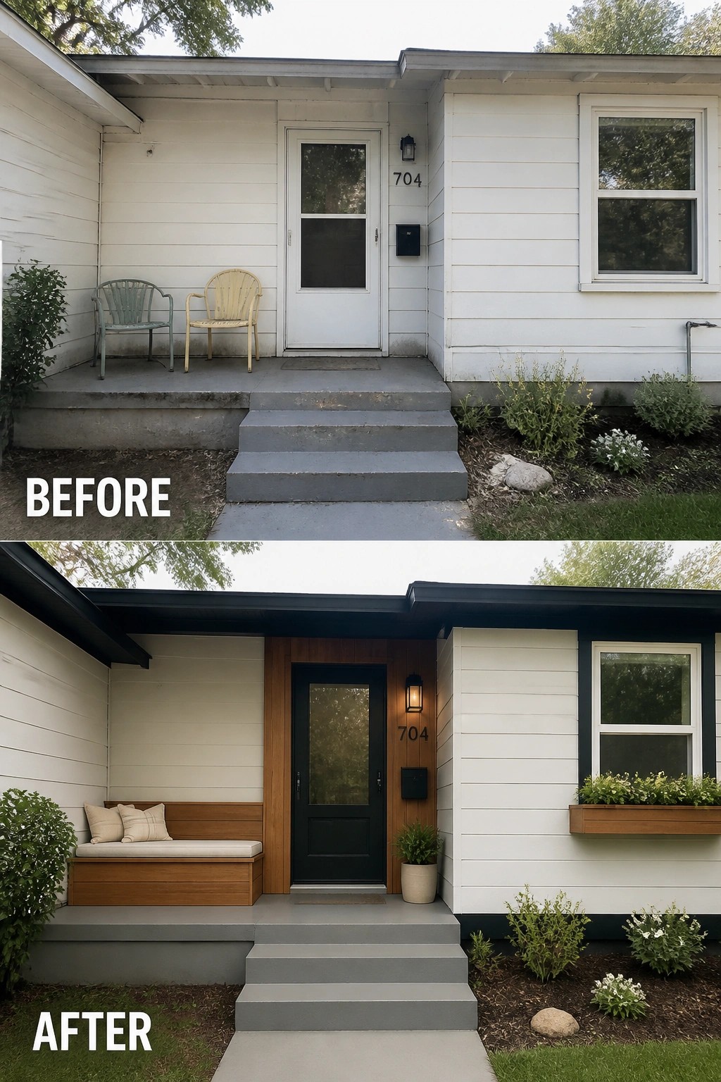 Before and after of renovated house porch with new black door and bench.