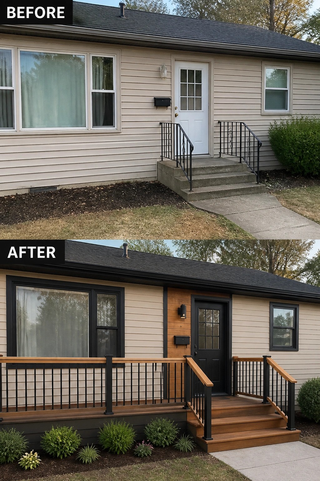 Before-and-after image of a house exterior refreshed with black trim, a black door, wood accents at the entry, and a new wooden deck with matching railings.