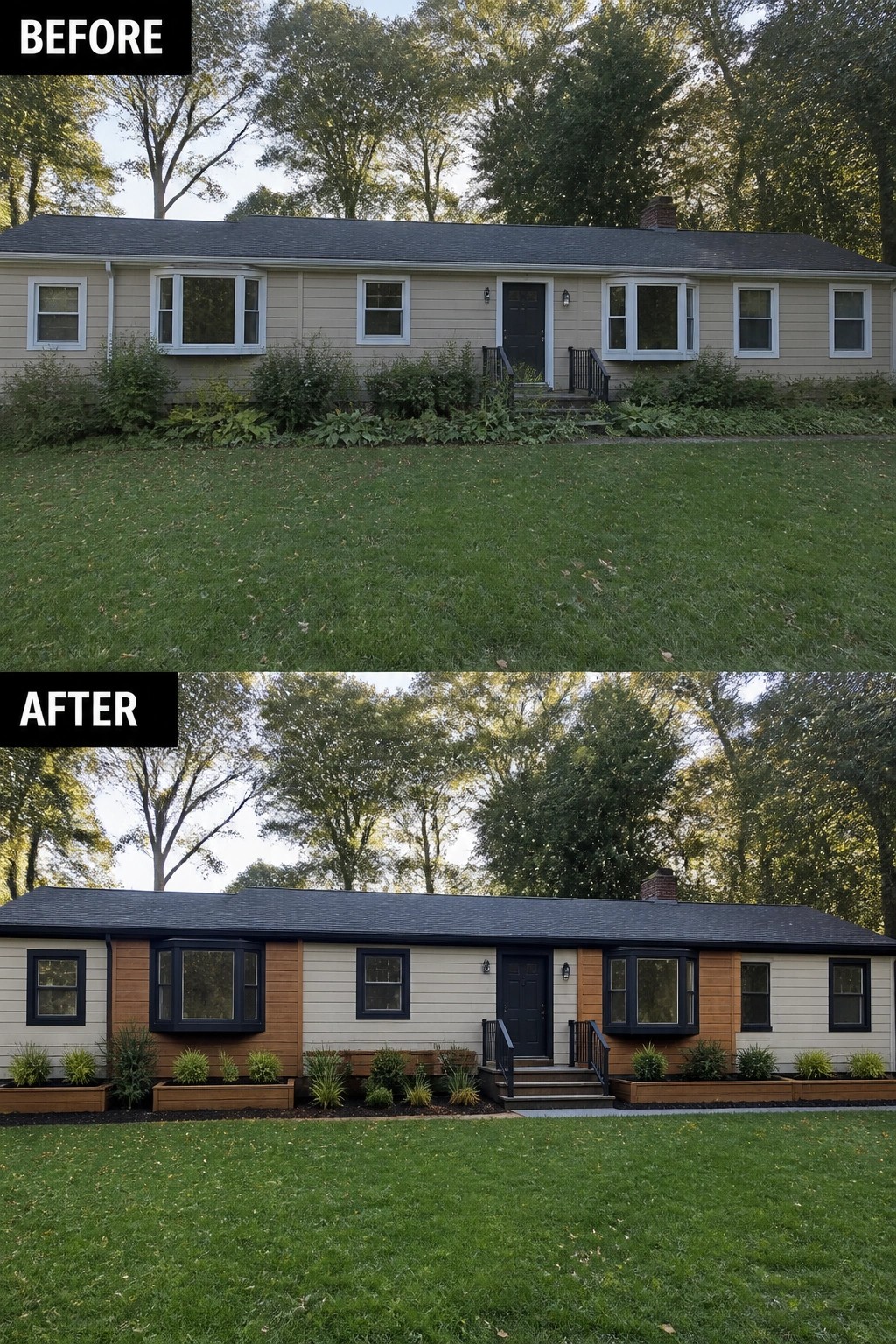 Before-and-after image of a ranch house exterior updated with black trim, warm wood accents on select sections, and new raised garden beds along the front.