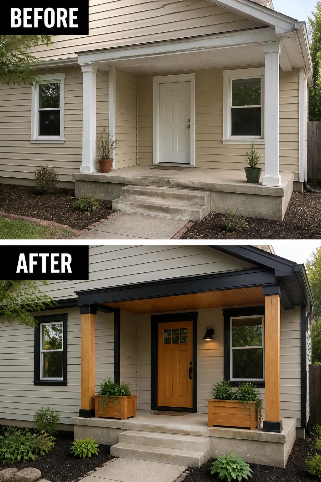 Before and after house porch renovation with wooden columns, door, and planters.