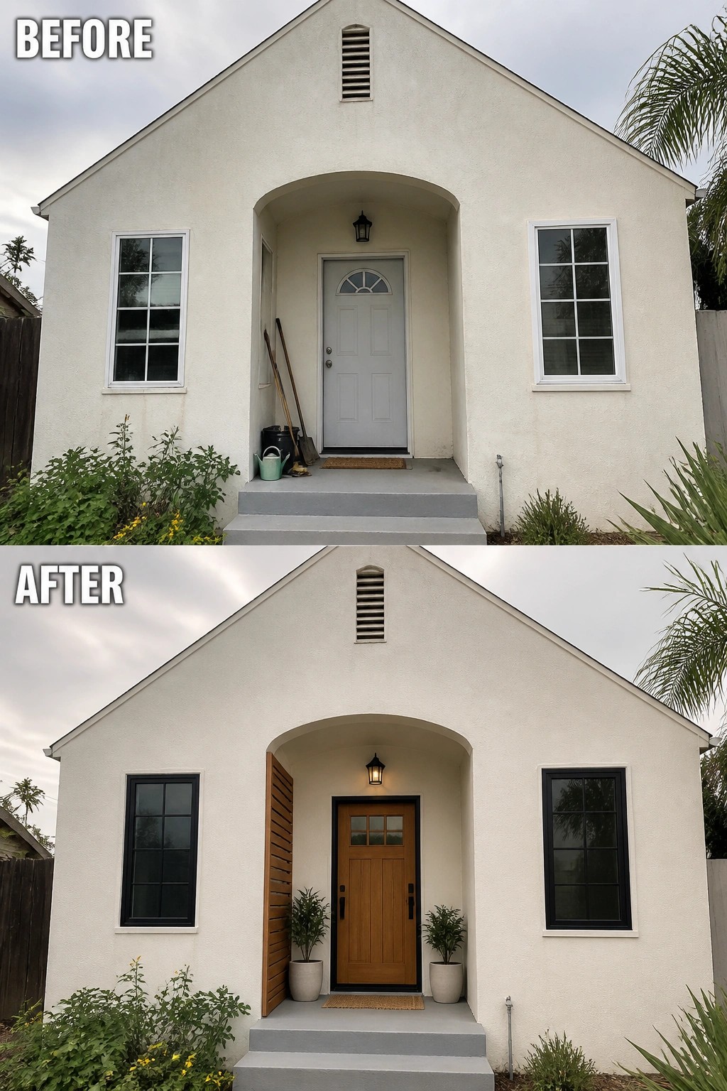 Before-and-after image of a house exterior updated with black window trim, a warm wood front door, and added planters.