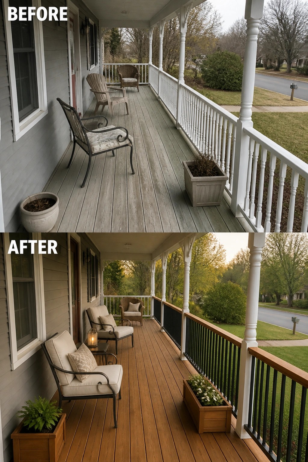 Before and after porch with updated seating, planters, and railings