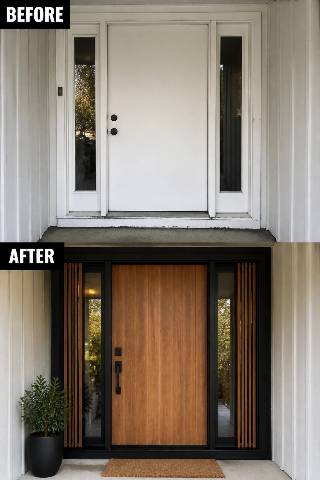Before and after of plain white door transformed into modern wood and black frame entrance.