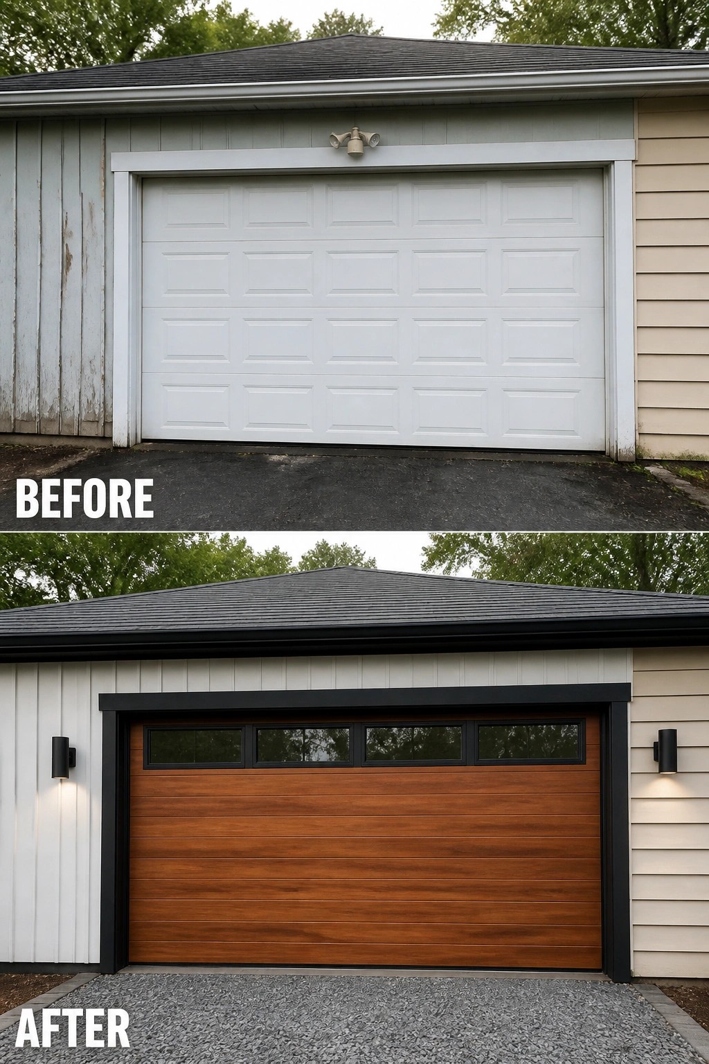Before-and-after image of a house exterior showing a plain white garage door replaced with a wood-panel door framed in black trim and topped with small windows.