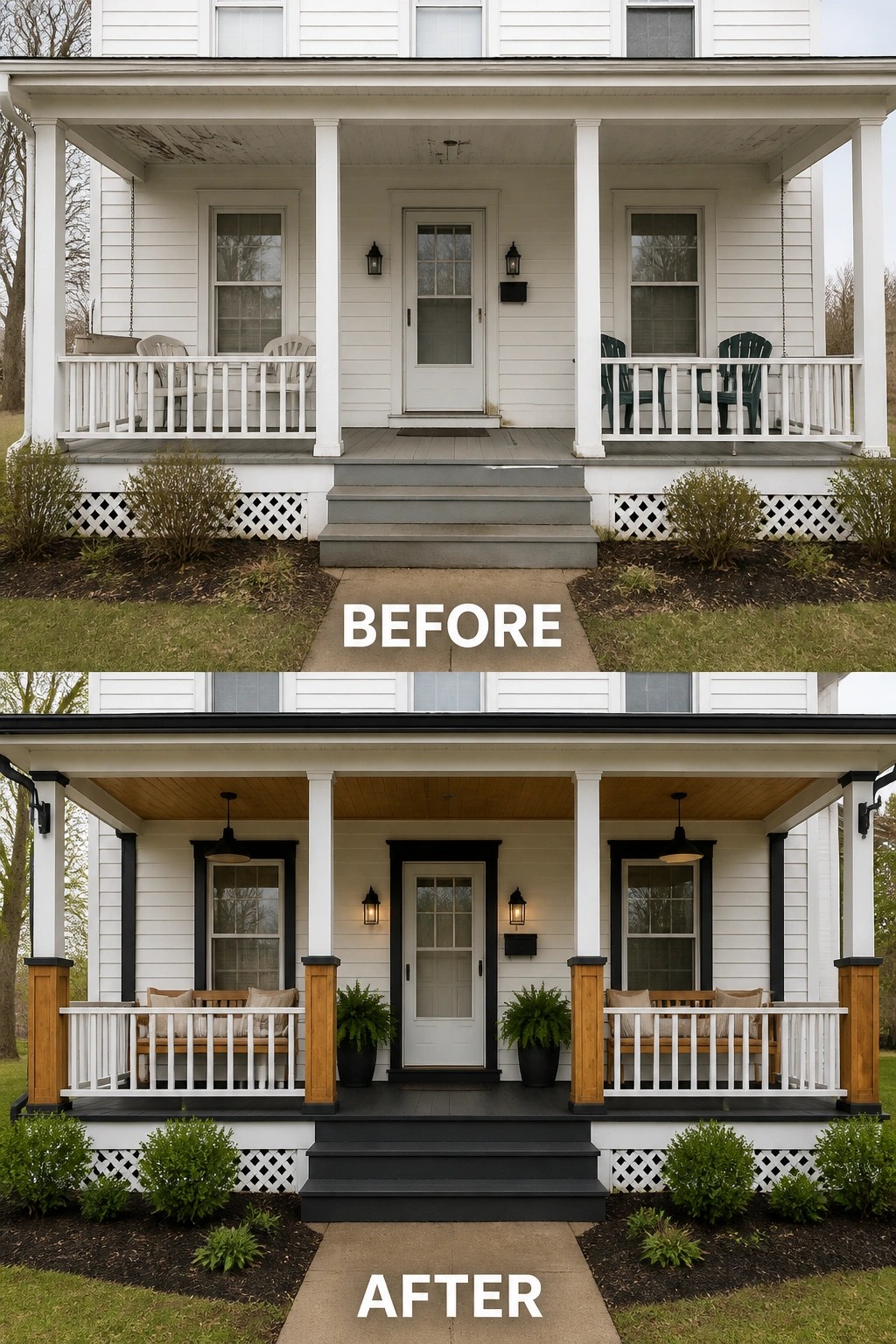 Before and after views of a white house porch renovation with black trim.