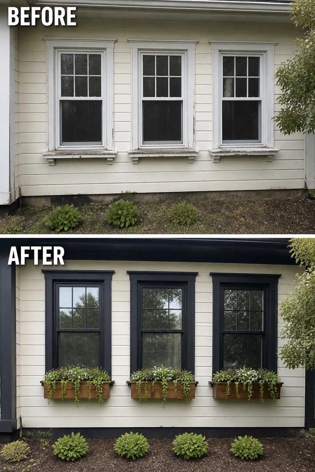 Before and after of house windows painted black with added flower boxes