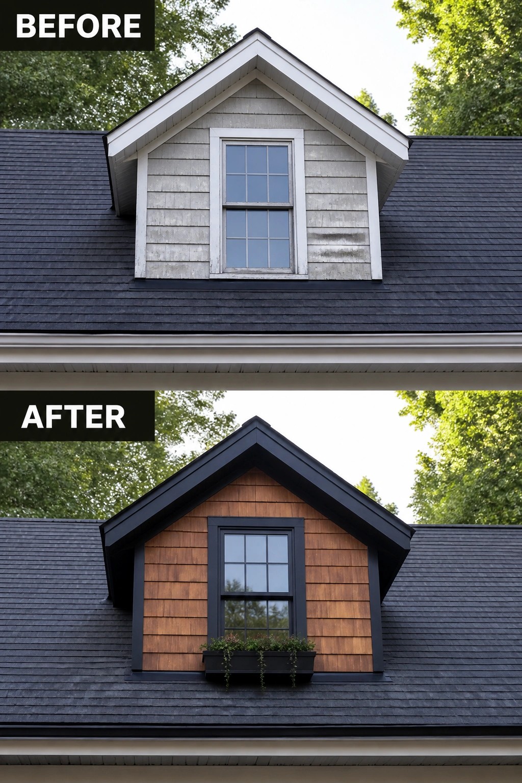 Before-and-after image of a house dormer with weathered gray siding and white trim changed to warm wood shingles and black trim, plus a window box added below.