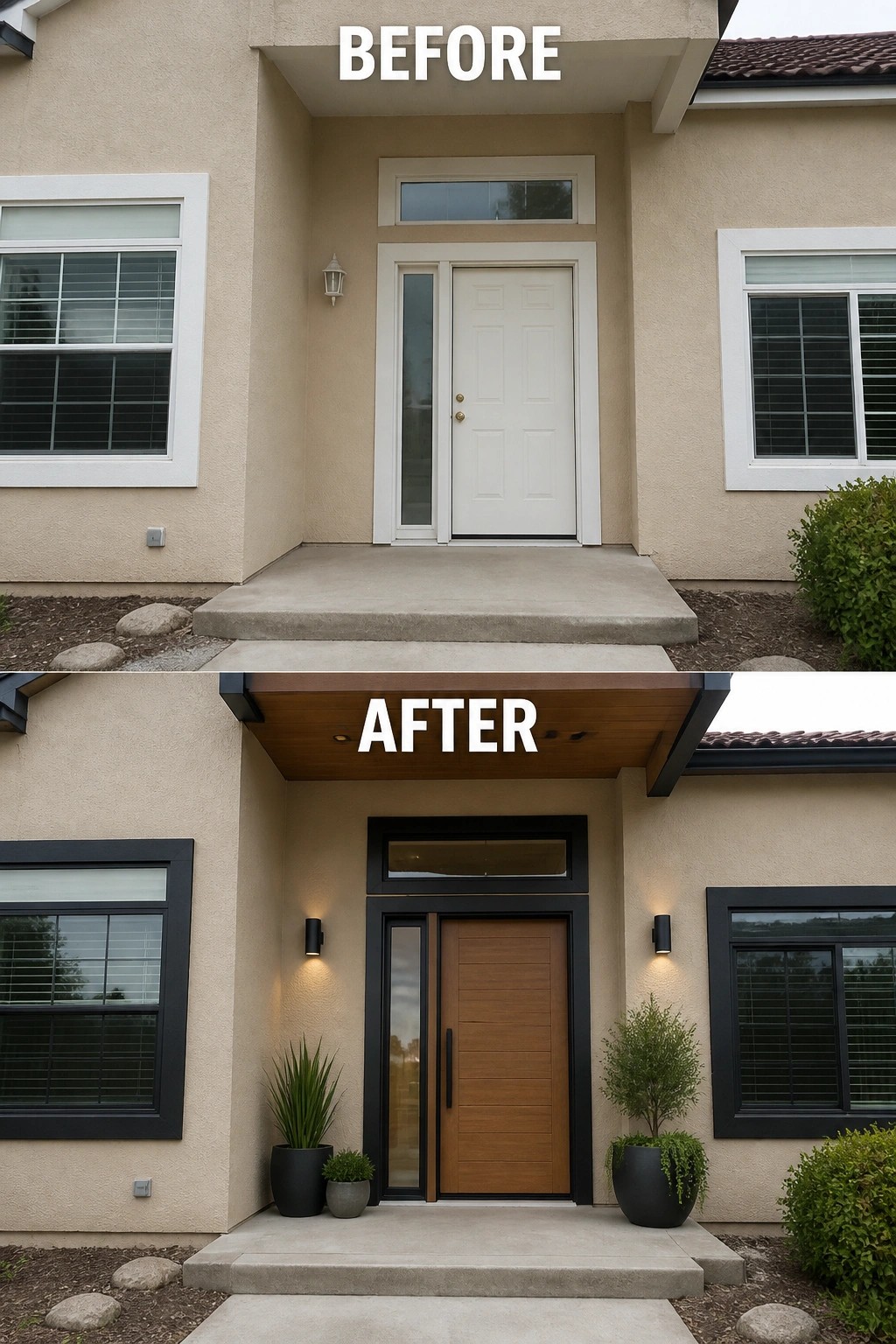 Before-and-after image of a house entry updated with black window and door trim, a wood front door, and added planters.