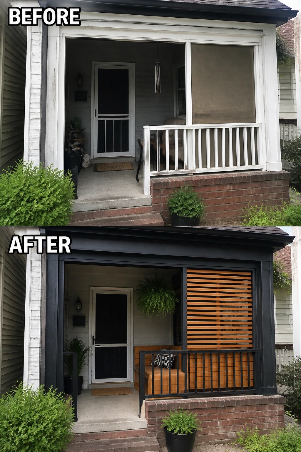 Before-and-after image of a front porch updated with black trim and horizontal wood accents on the railing and bench area.