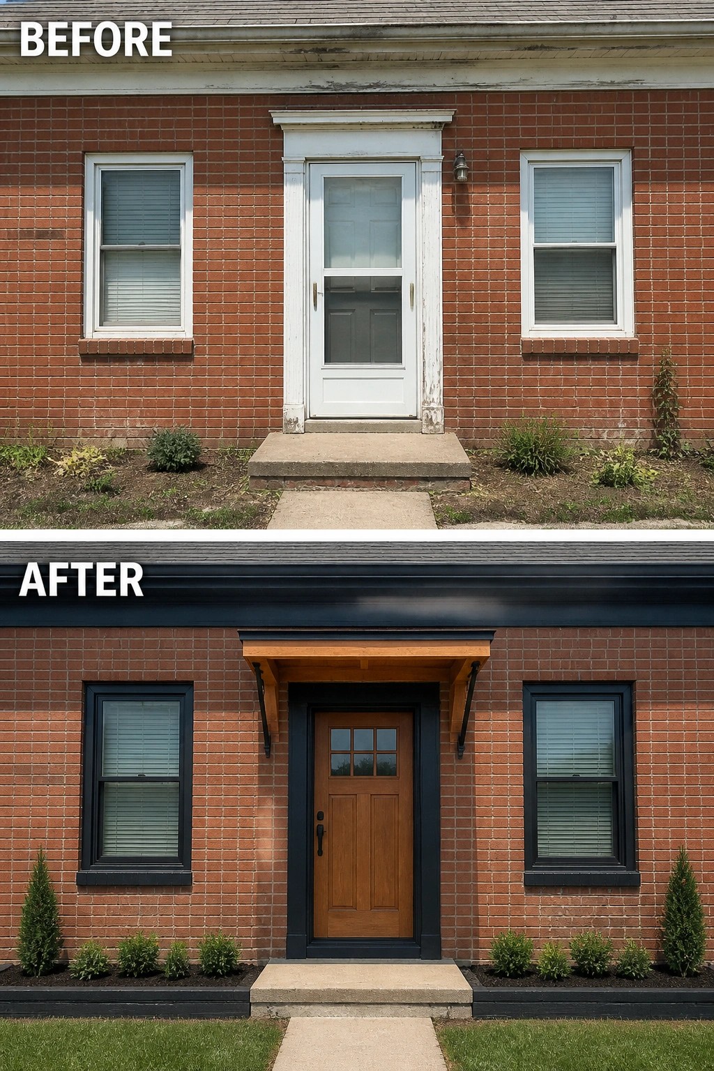Red brick house entrance before and after renovation with wooden door and black trim.