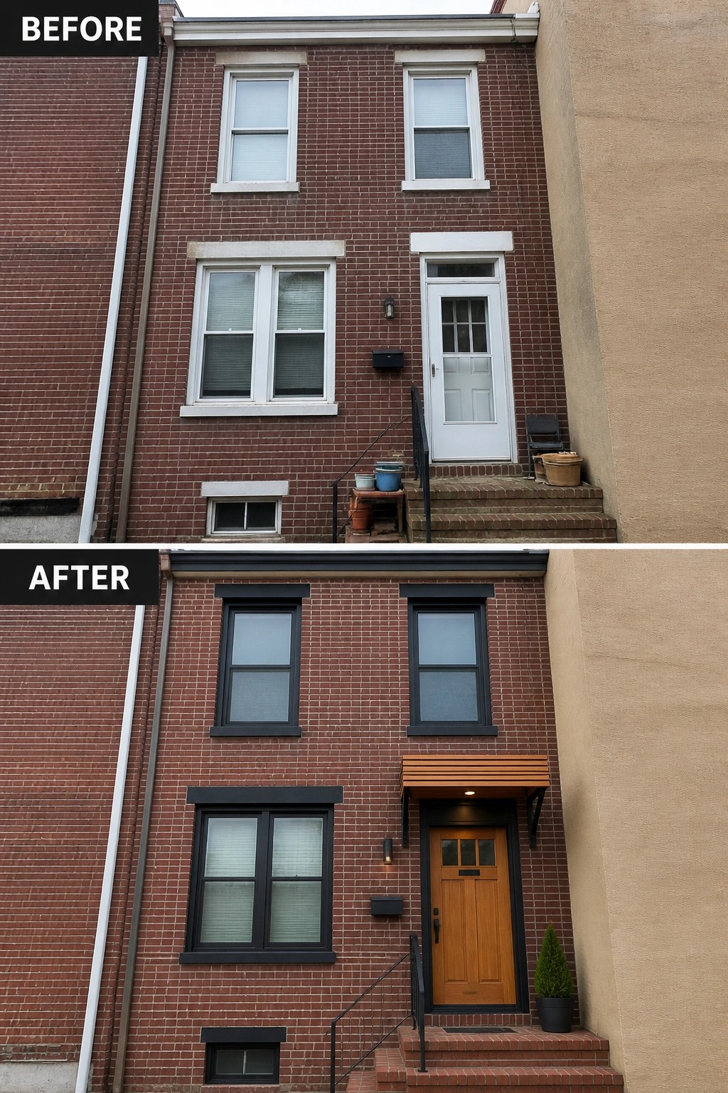 Before-and-after image of a brick row house exterior refreshed with black window and door trim, a warm wood front door, and a small wood awning.