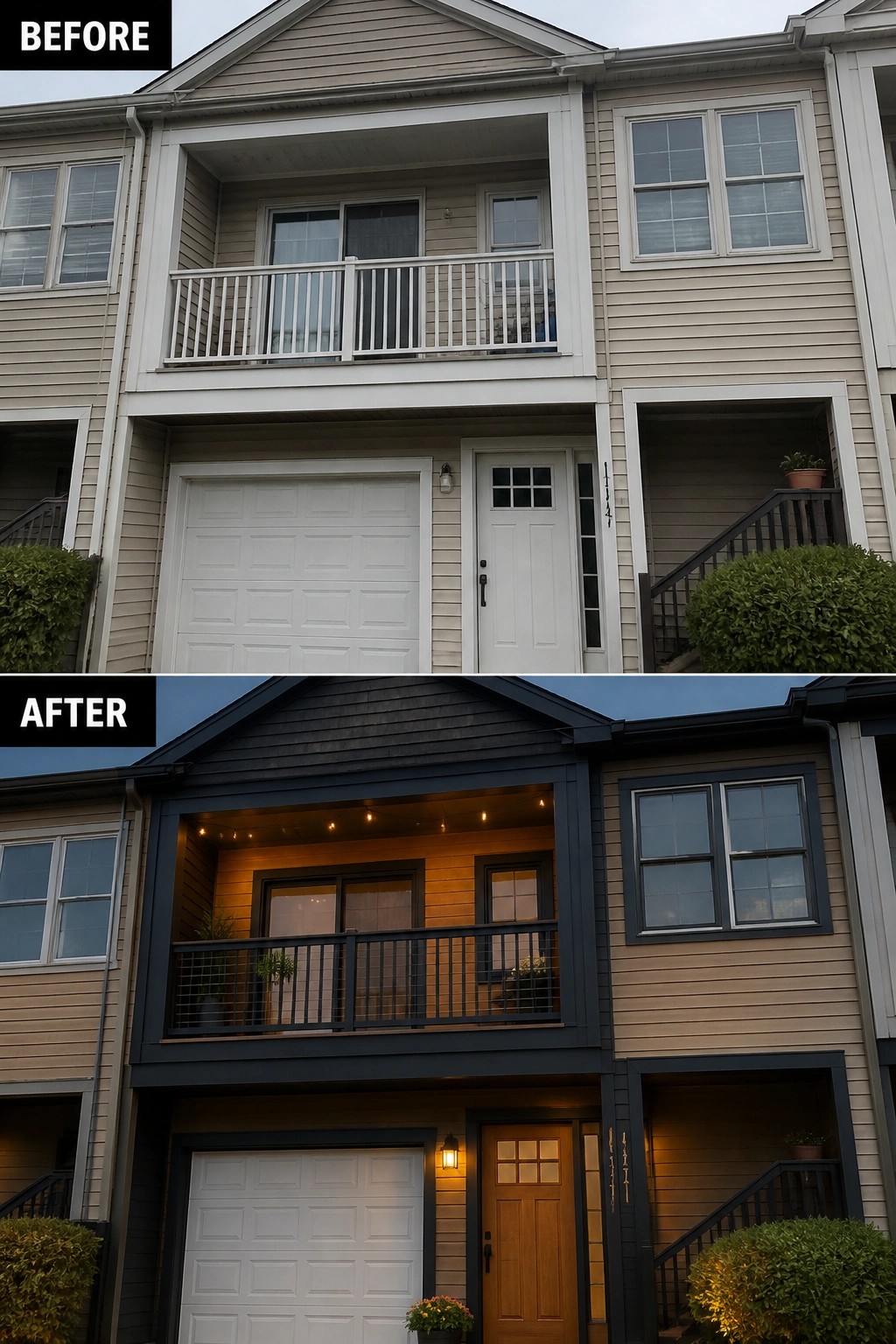 Before-and-after image of a townhouse exterior updated with dark trim, a wood-accented balcony, and a new wood front door.