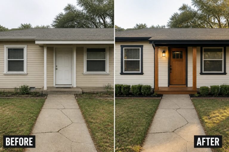 Before-and-after image of a house exterior updated with dark trim, white siding, a wood door, and wood porch accents.
