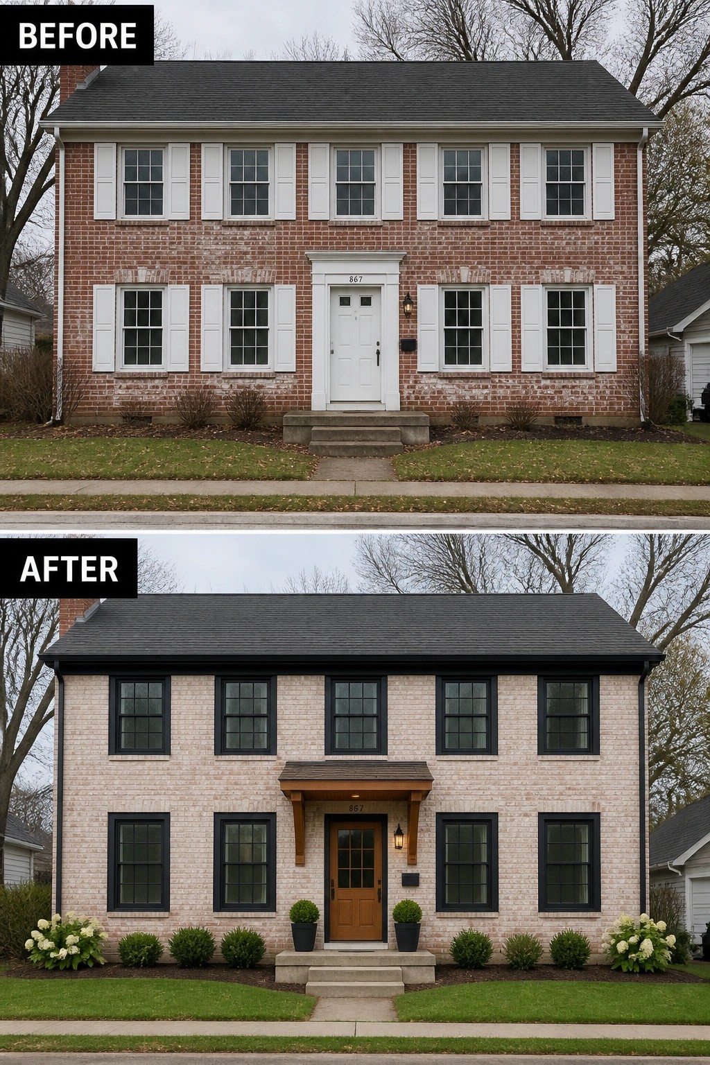 Before and after of brick house painted beige with black trim and new door.