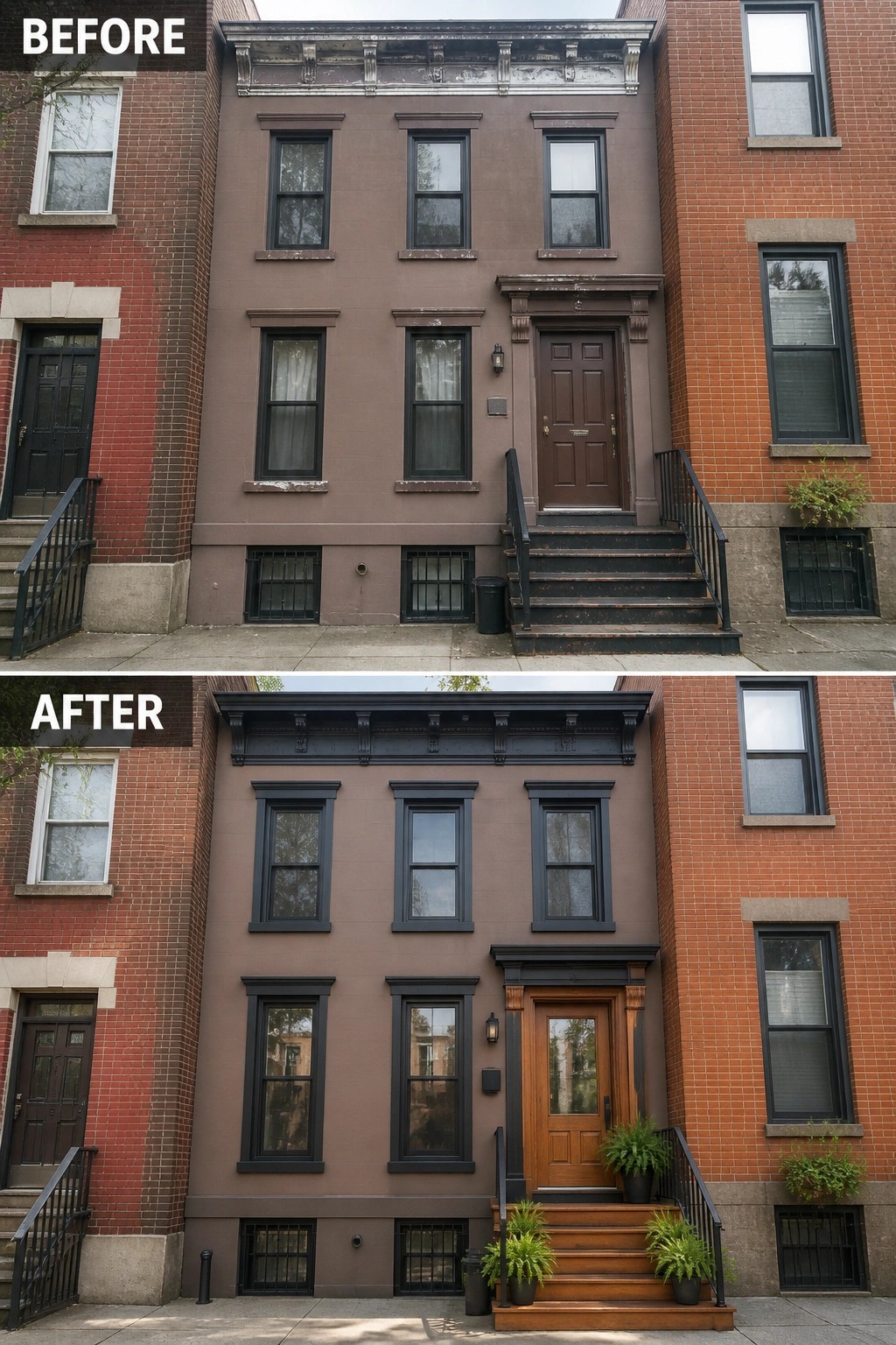 Before-and-after image of a brick row house exterior updated with dark painted trim and a warm wood front door.