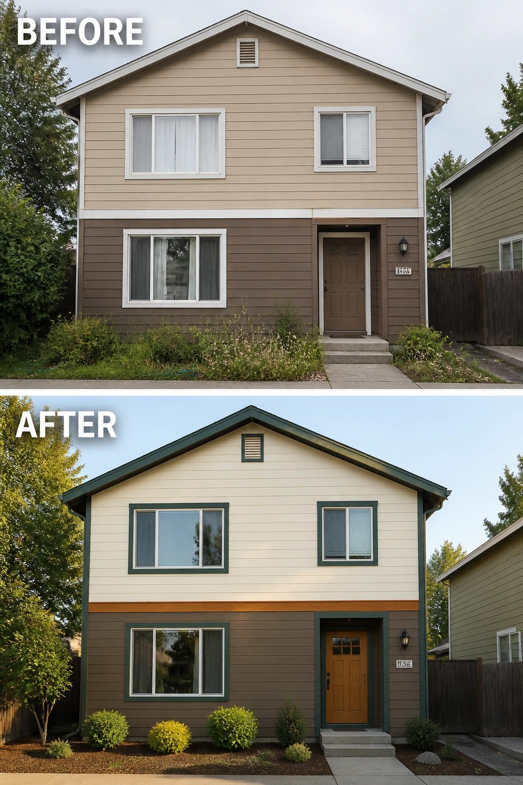 Before and after views of two-story house with updated siding, door, and landscaping.