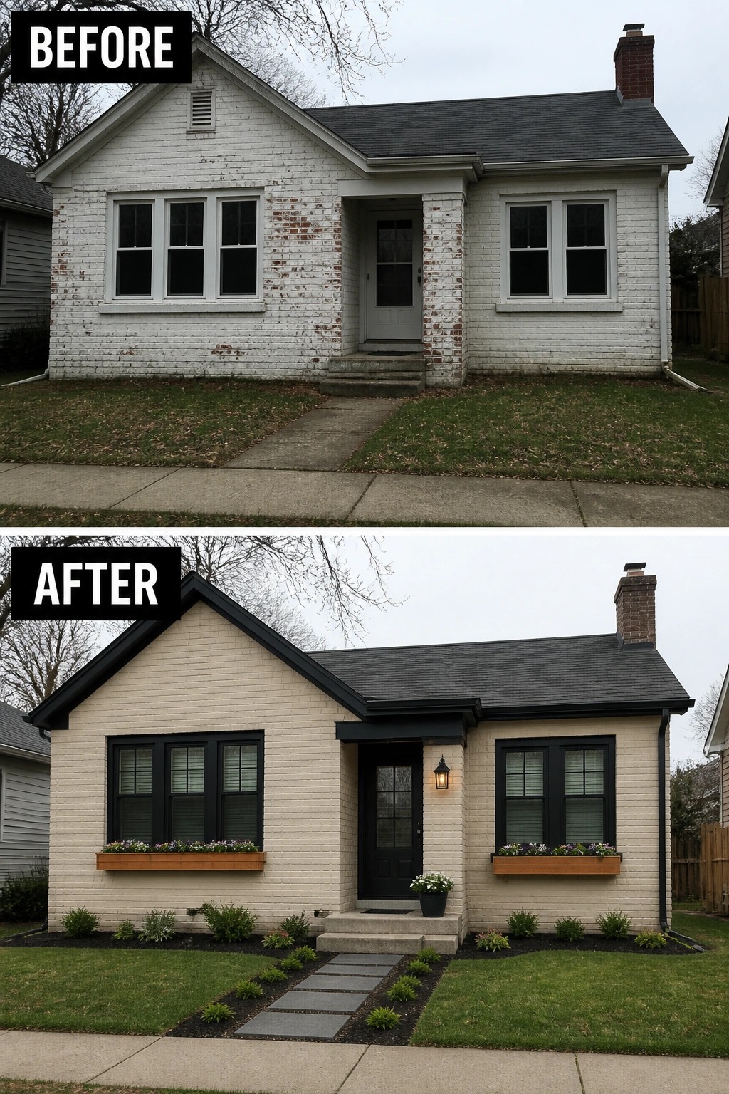 Before and after house renovation with beige paint, black trim, and new landscaping.