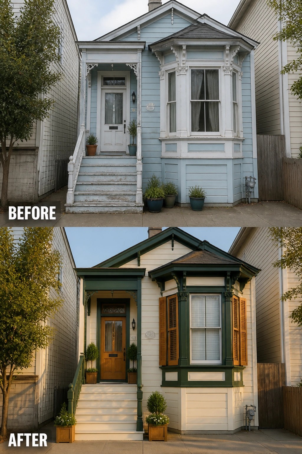 Before-and-after image of a house exterior updated with white siding, dark green trim, a wood front door, and shutters on the bay window.