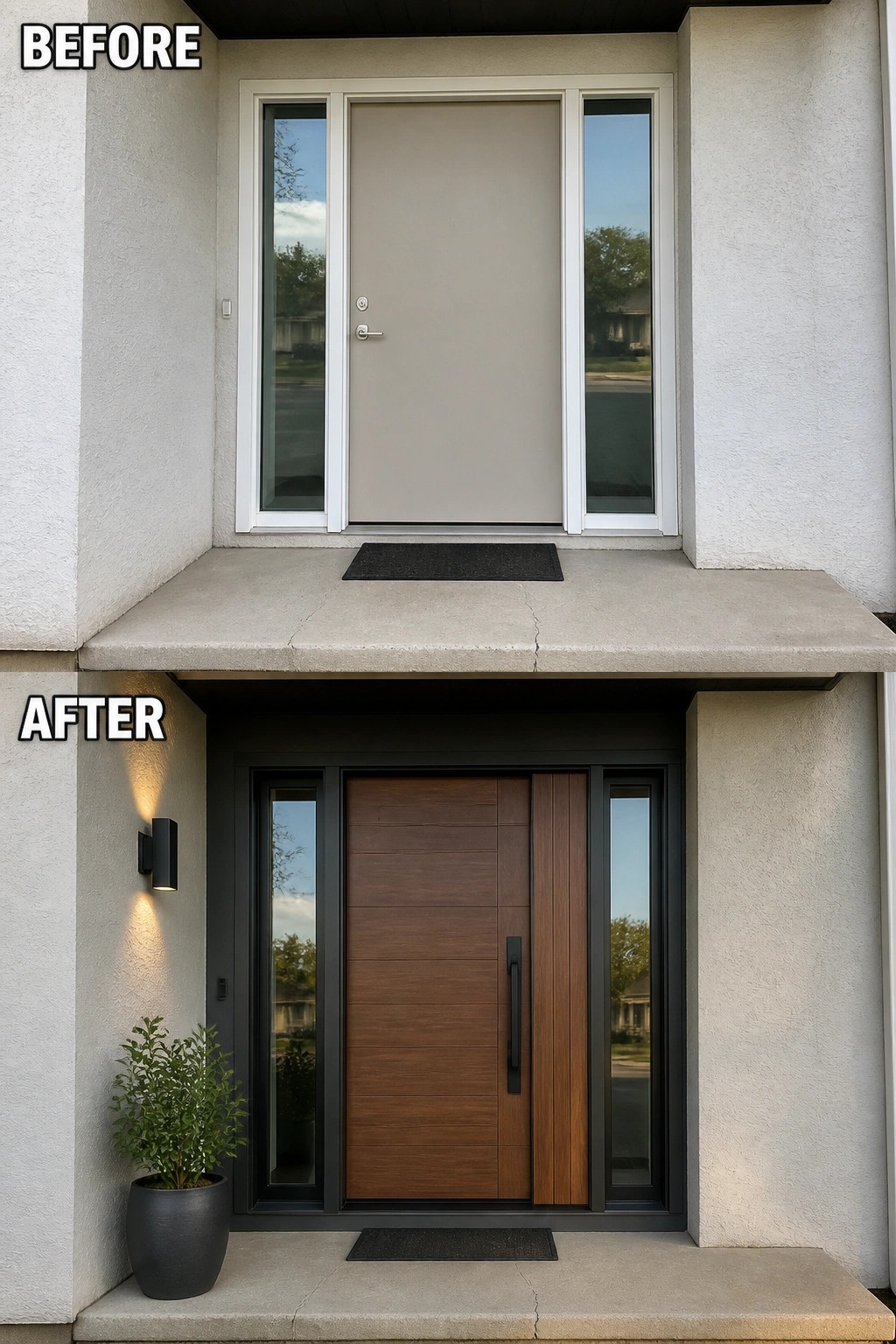 Before and after of beige door entrance upgraded to modern dark wood with plant and light
