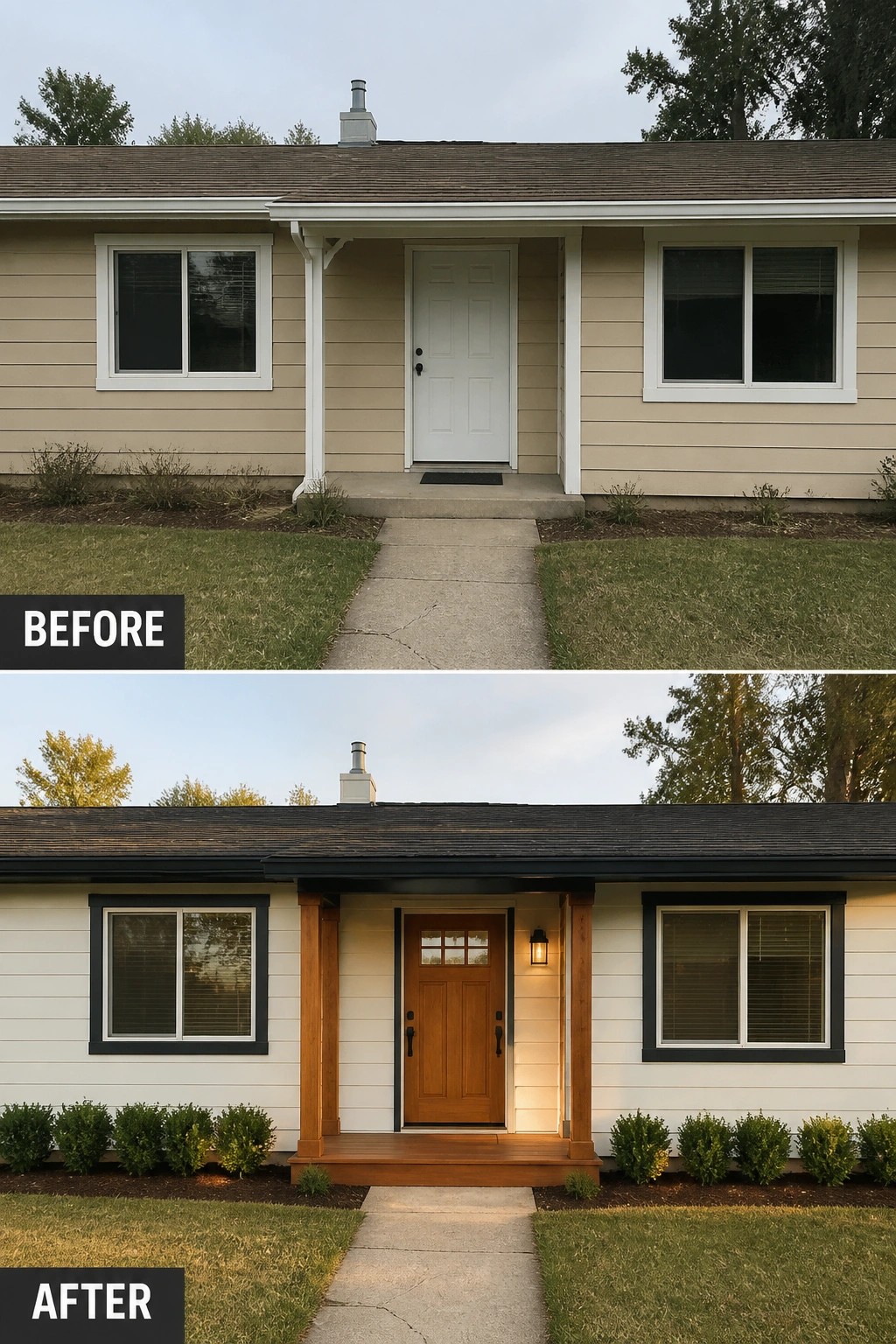 Before-and-after image of a house exterior updated with dark trim, white siding, a wood door, and wood porch accents.